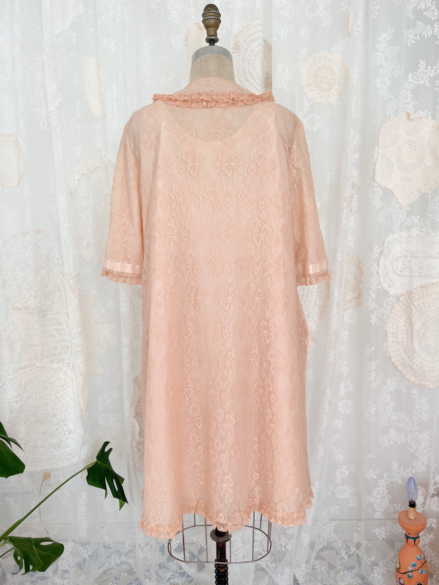 1960s Ribbon Lace Long Night Robe and Slip Dress