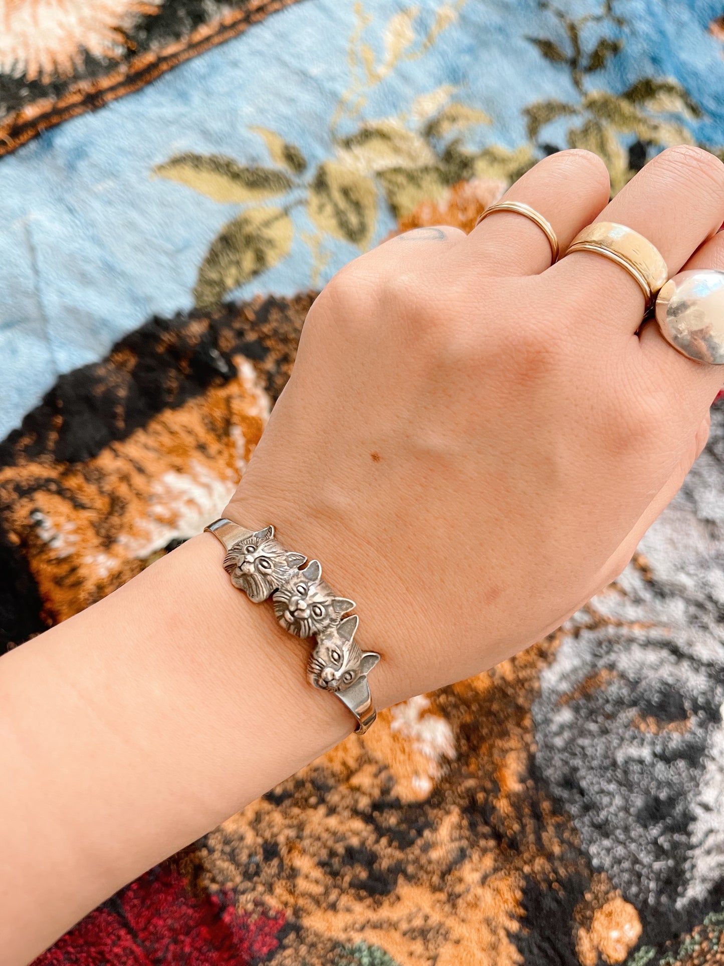 Vintage Cats Sterling Silver Bangle Cuff