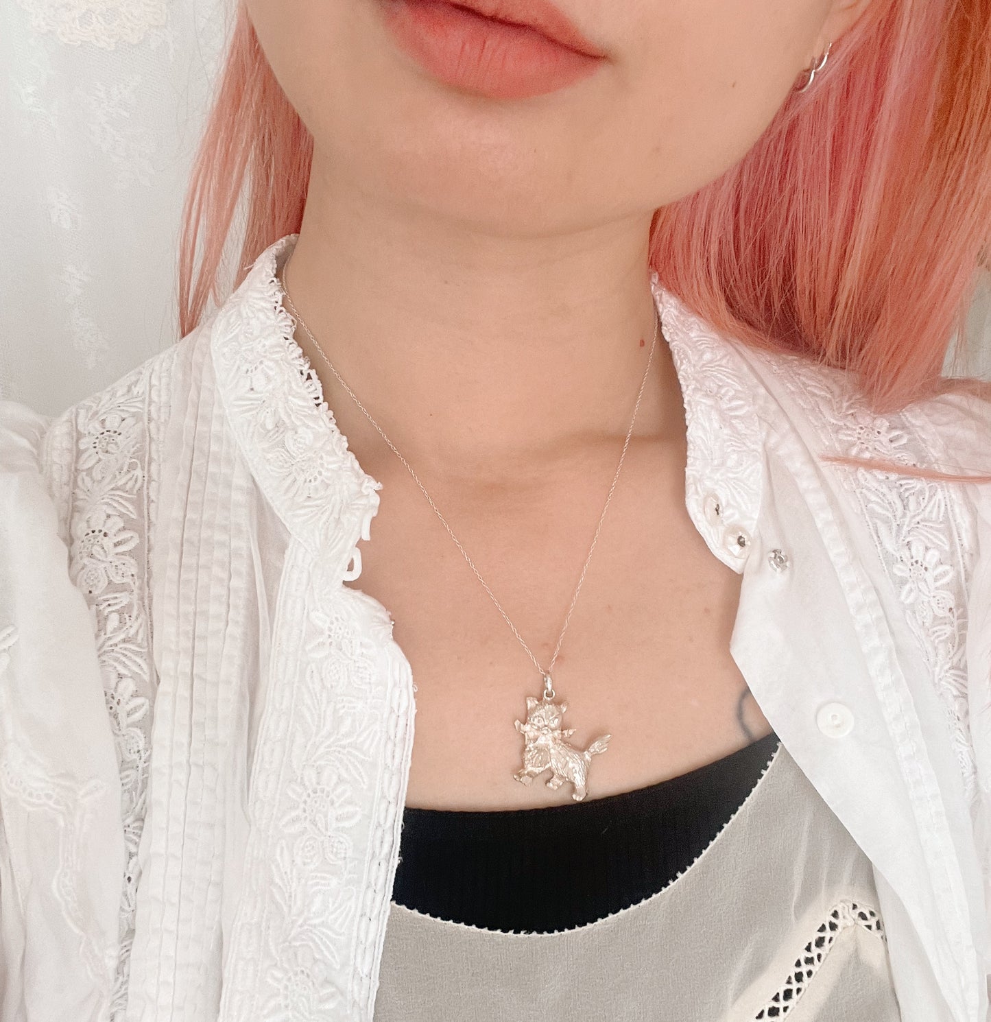 Vintage Diamond Cut Cat Silver Necklace