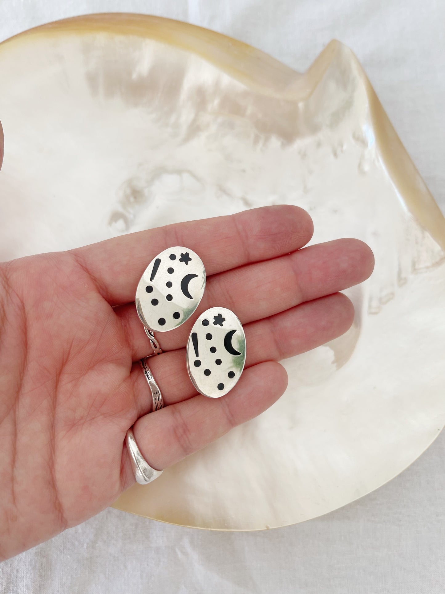 Vintage Silver Oval Moon Star Earrings.