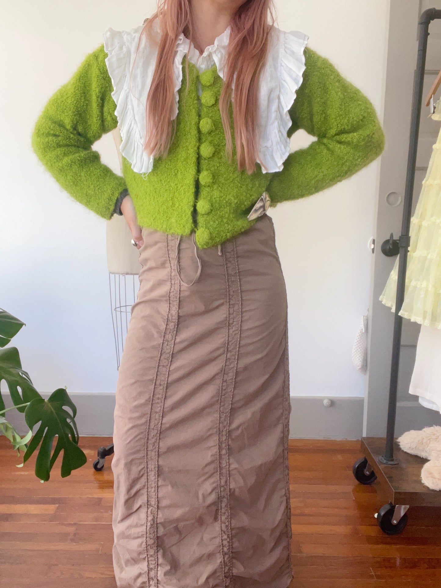 Brown Shirring Long Skirt
