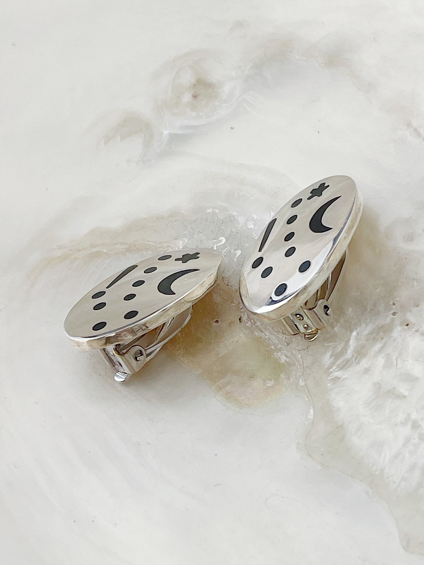 Vintage Silver Oval Moon Star Earrings.