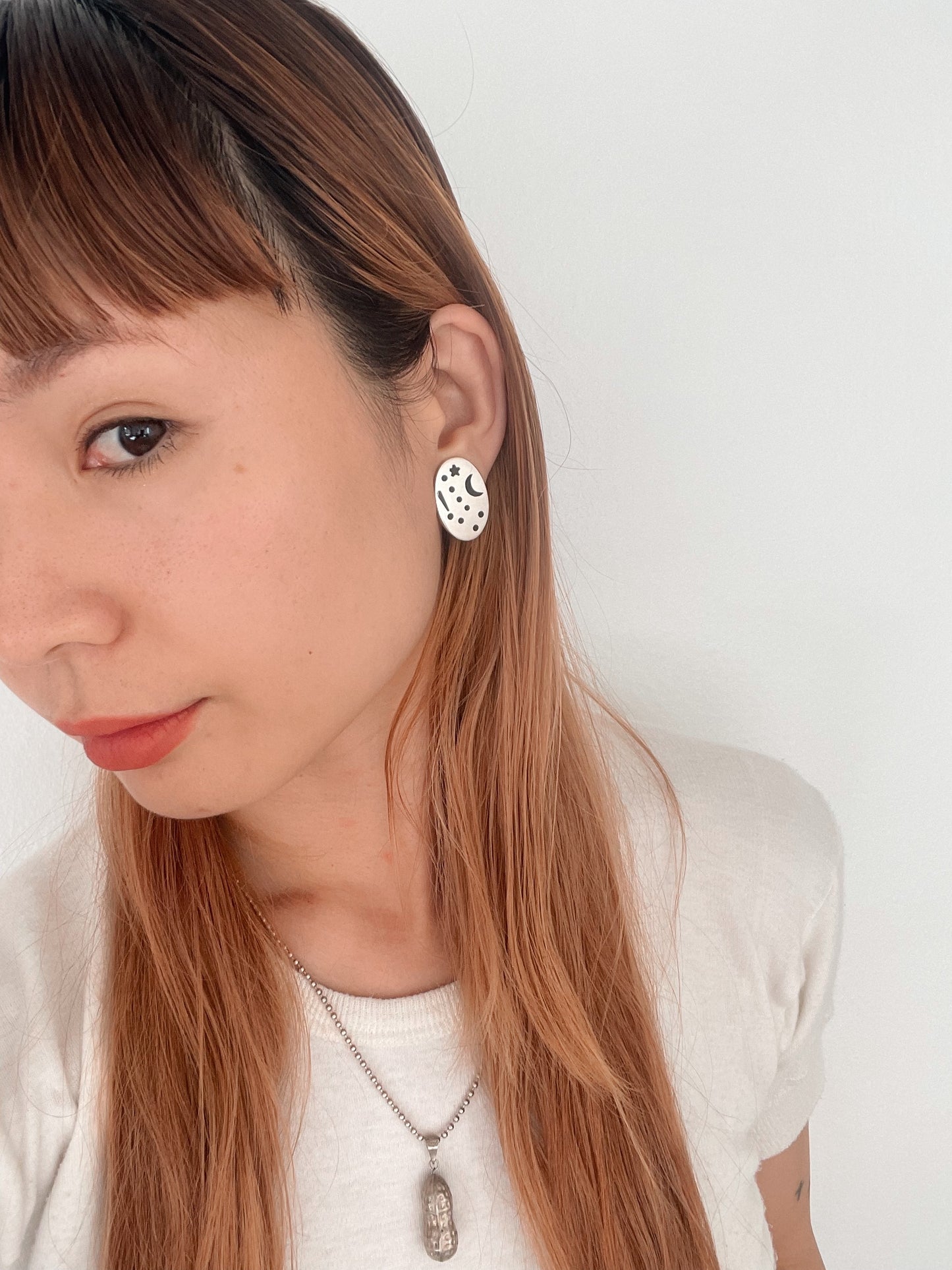 Vintage Silver Oval Moon Star Earrings.