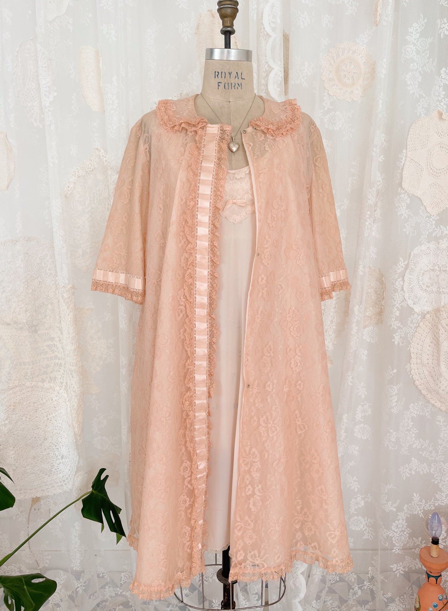 1960s Ribbon Lace Long Night Robe and Slip Dress