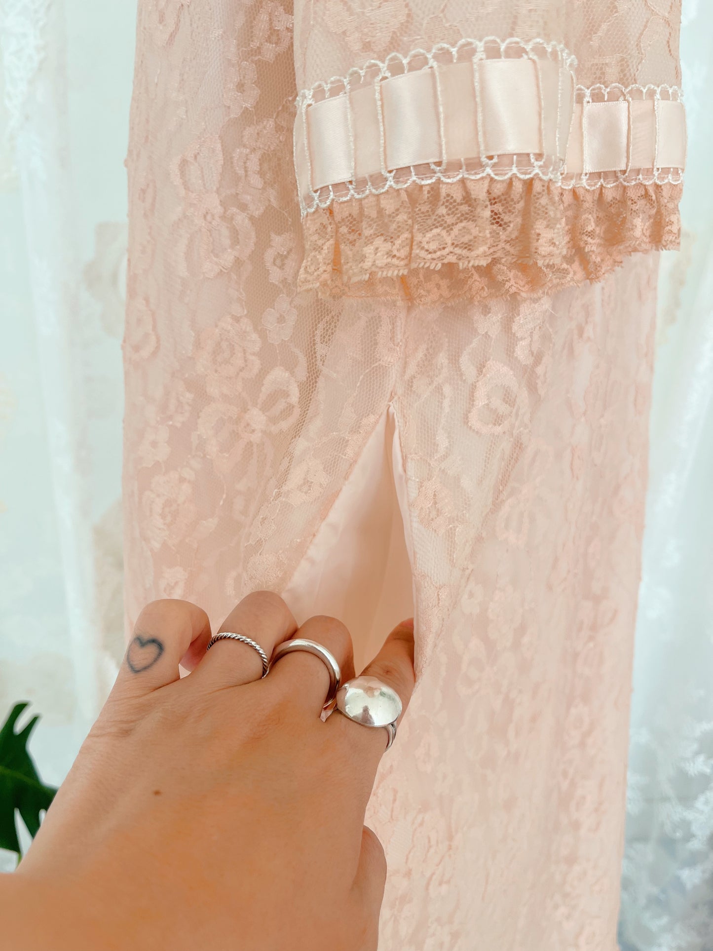 1960s Ribbon Lace Long Night Robe and Slip Dress