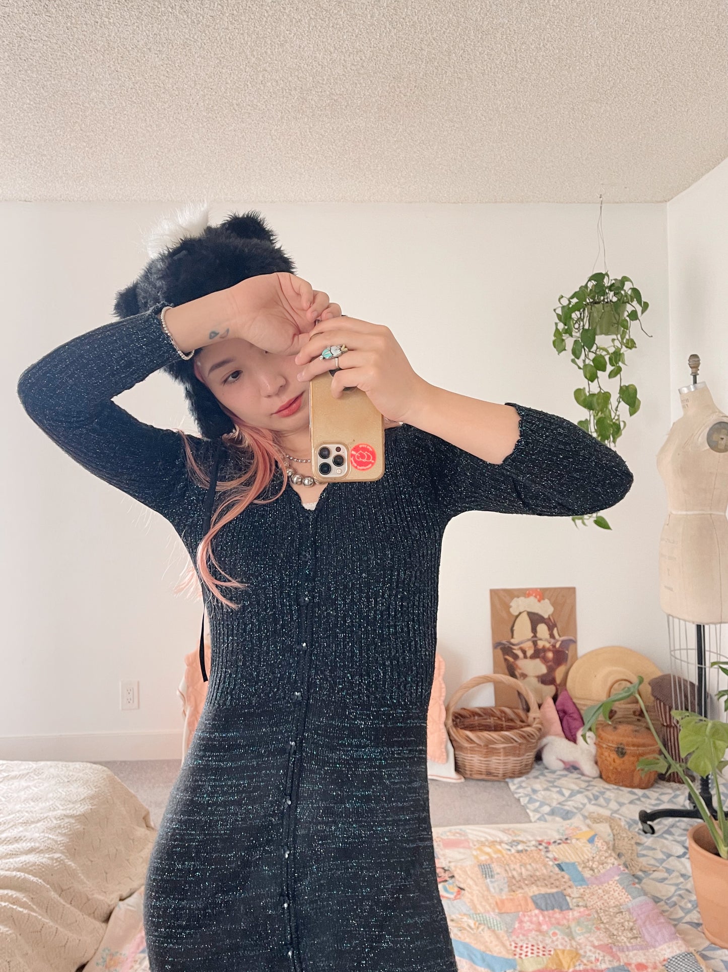 1990s Acrylic Black Lamé Long Dress
