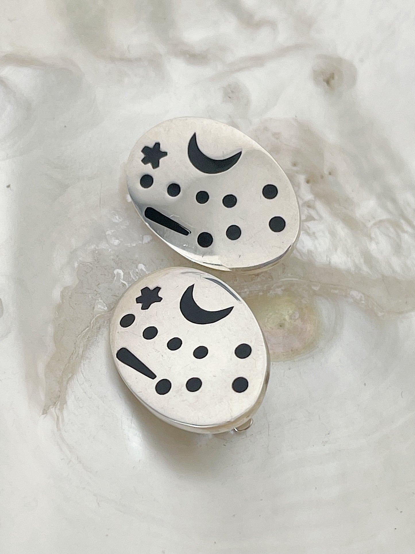 Vintage Silver Oval Moon Star Earrings.