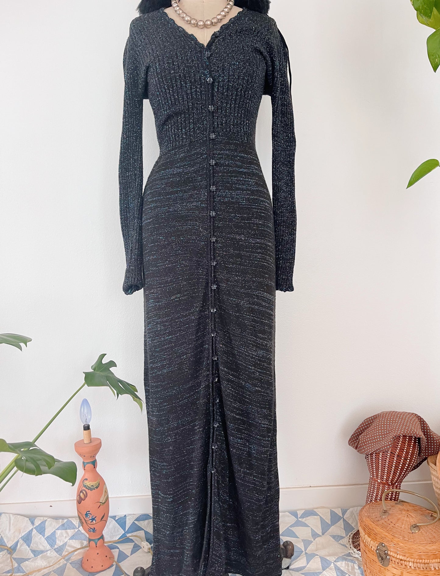 1990s Acrylic Black Lamé Long Dress