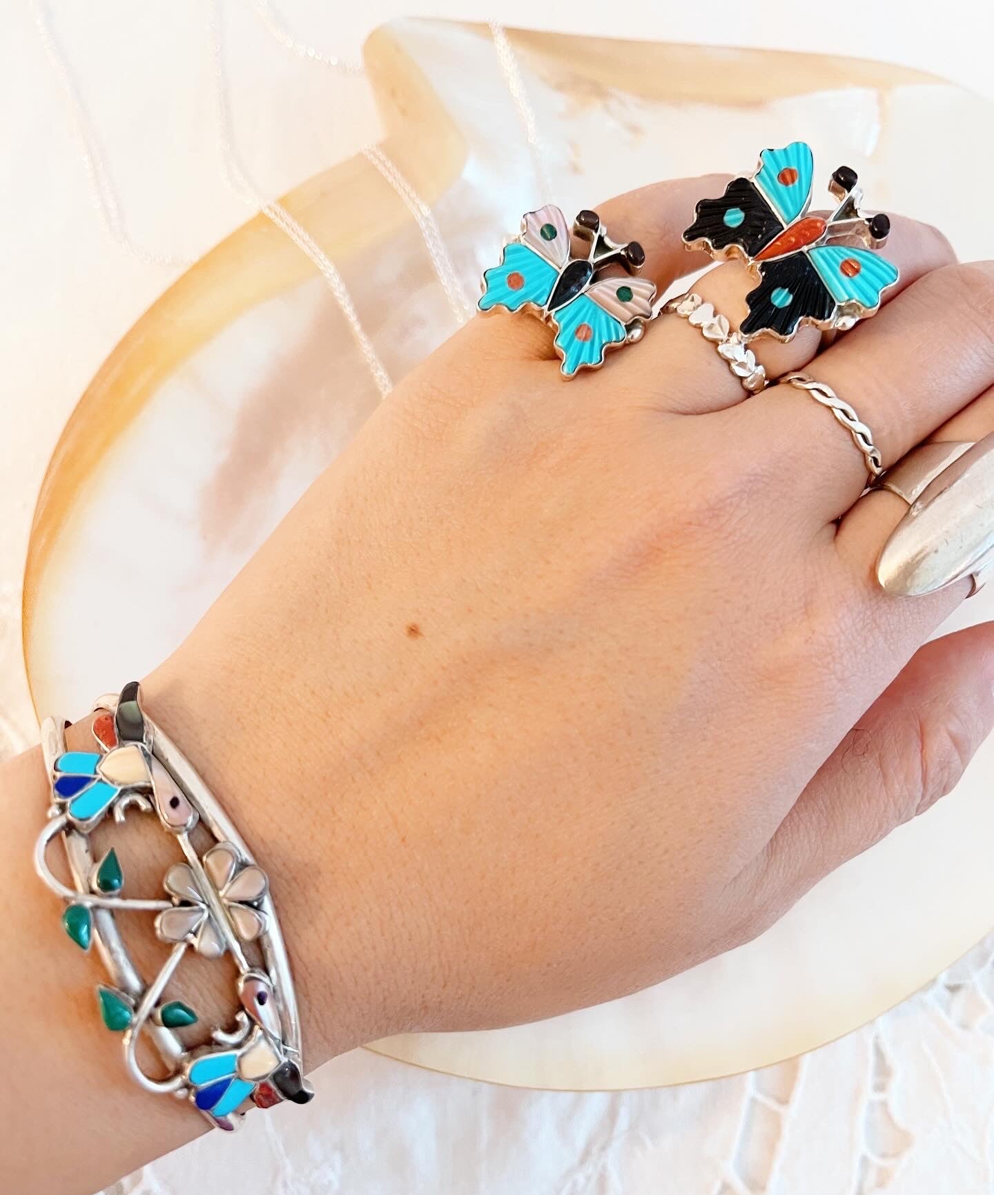 Vintage Zuni Humming Bird with Flower Cuff Bangle.