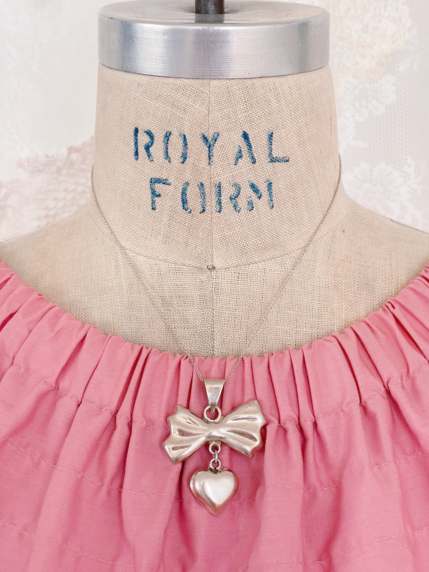 Vintage Ribbon and Heart Silver Necklace