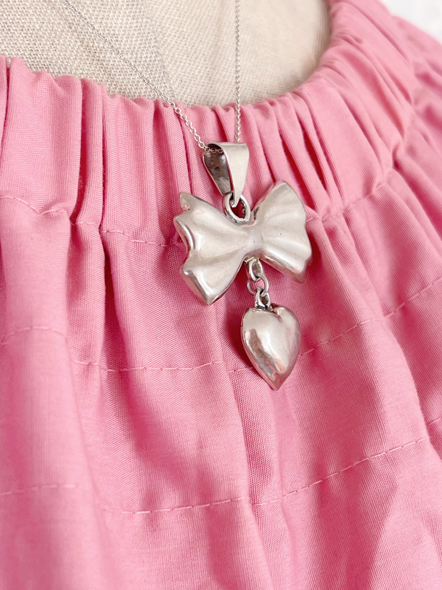 Vintage Ribbon and Heart Silver Necklace
