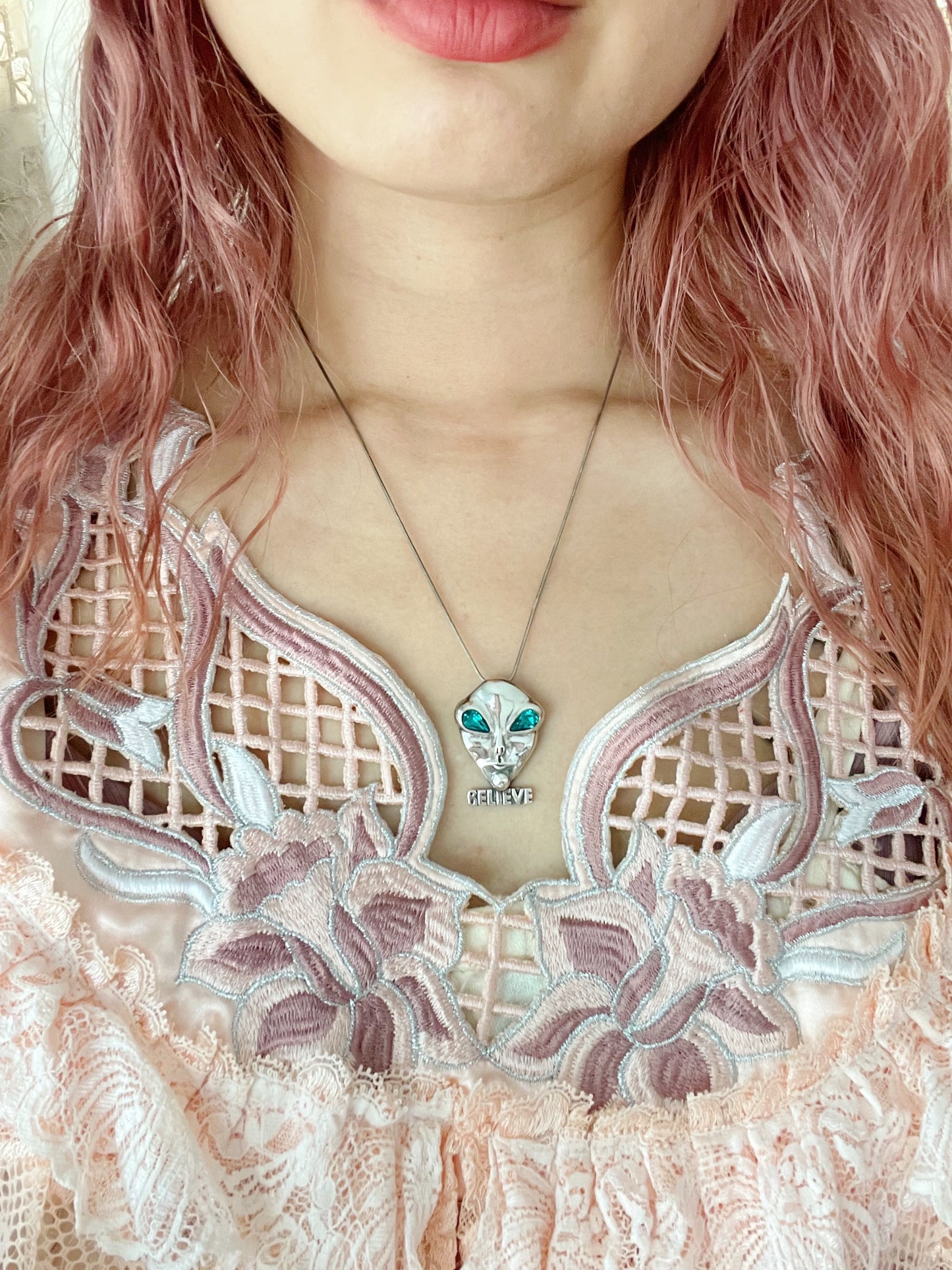 1990s Alien Silver Pin and Necklace