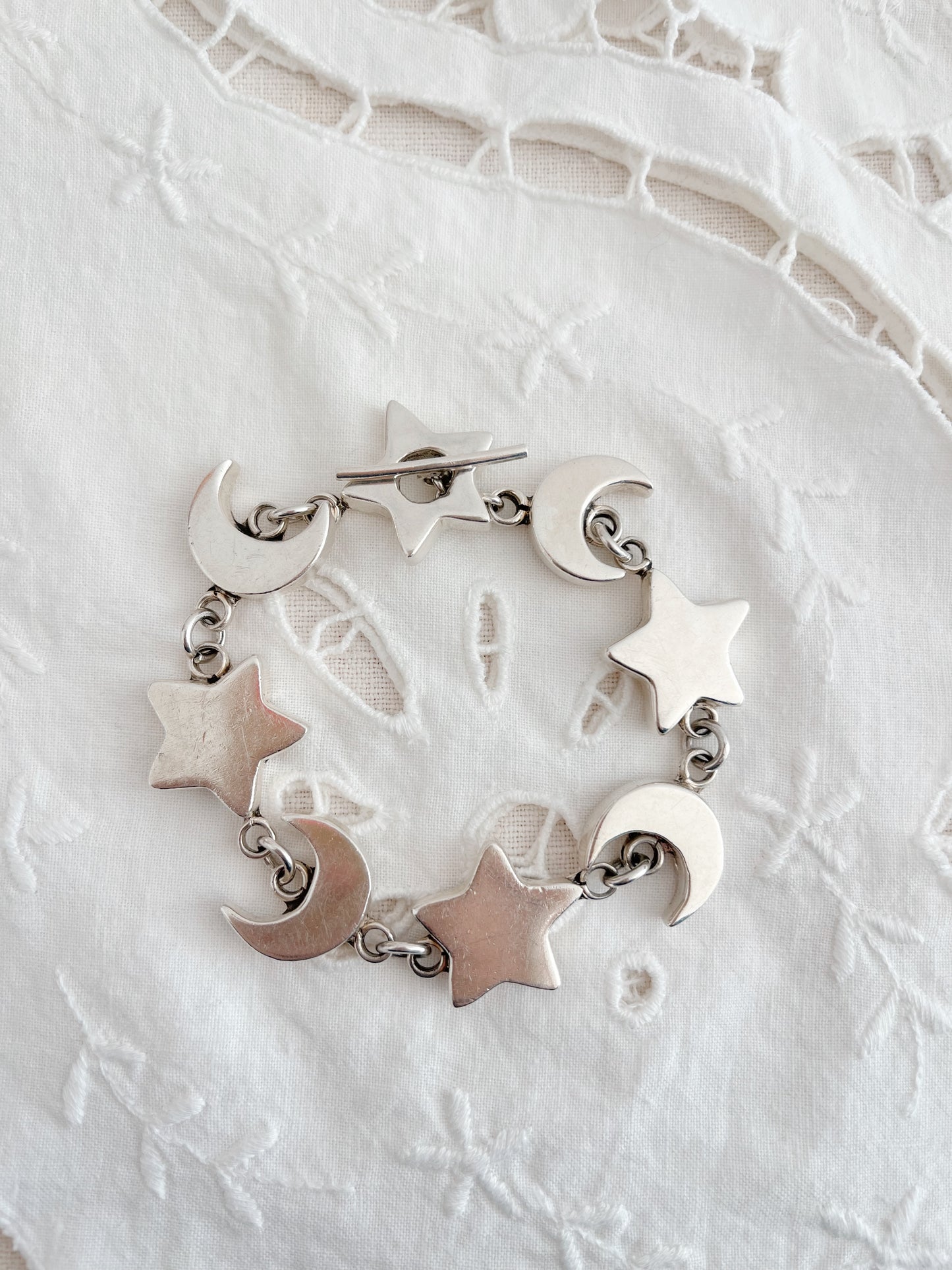 Vintage Heavy Silver Moon and Star Bracelet