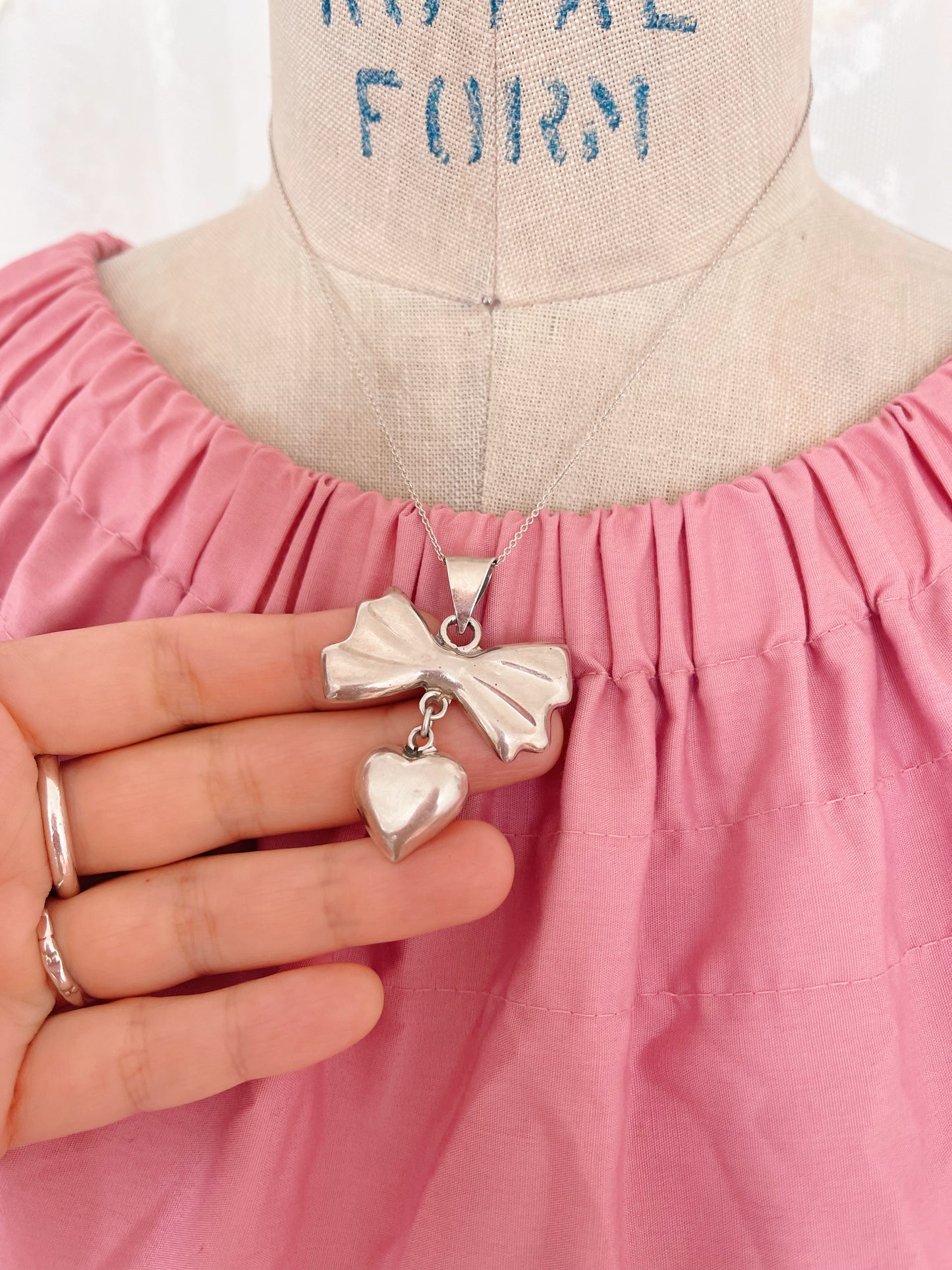 Vintage Ribbon and Heart Silver Necklace