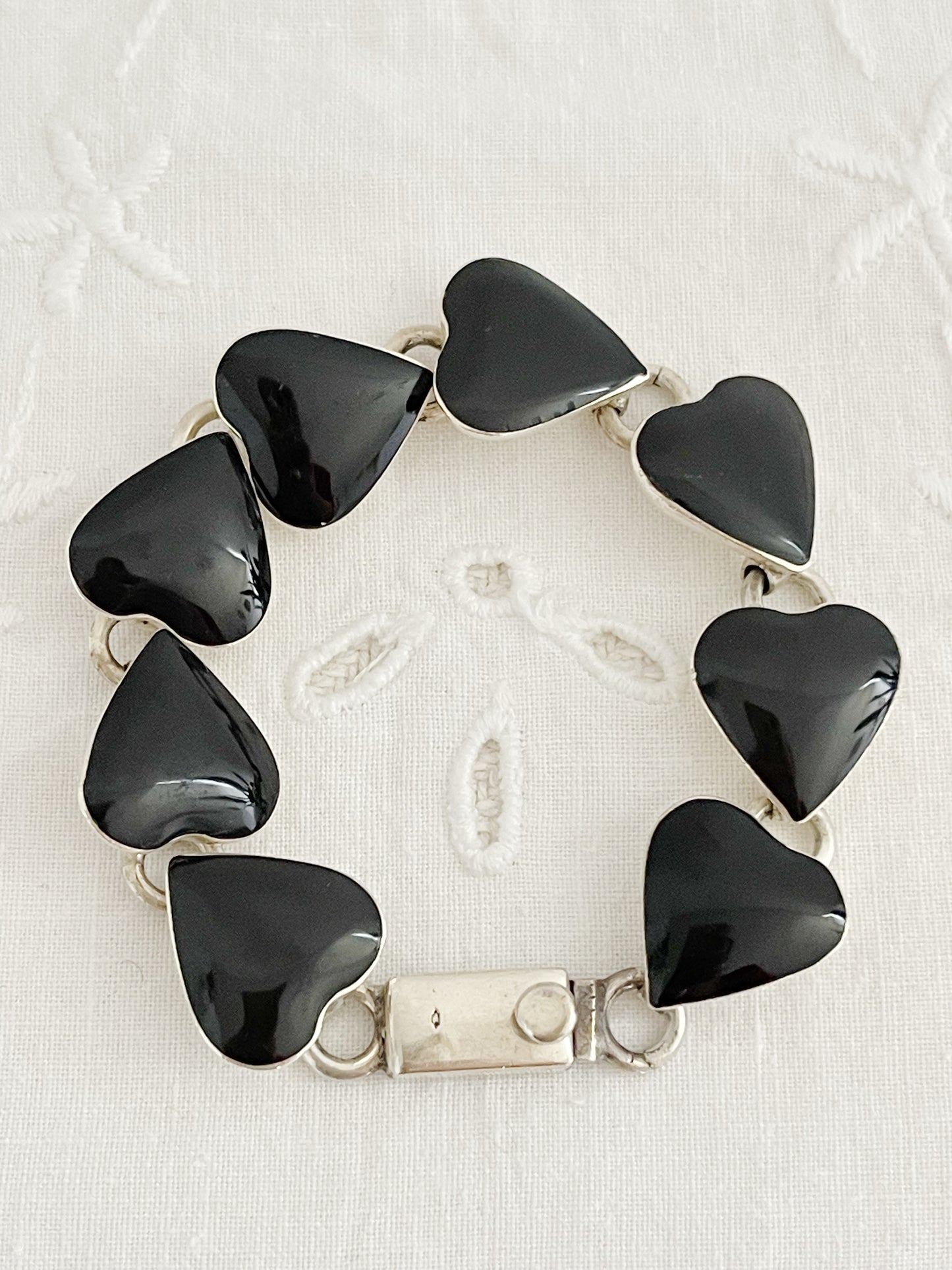 Vintage Black Onyx Heart Silver Bracelet.