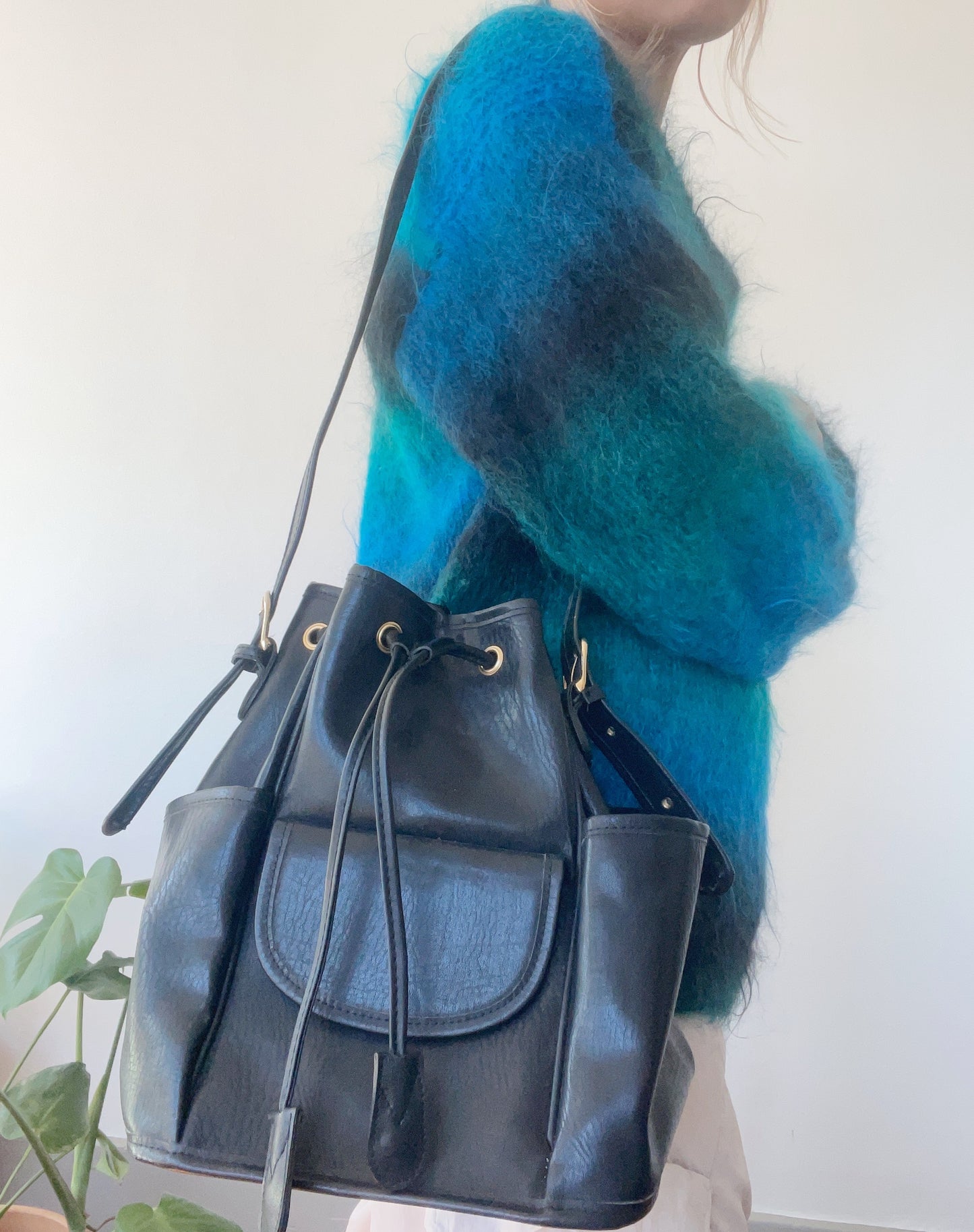 Black Leather Bucket Shoulder Bag