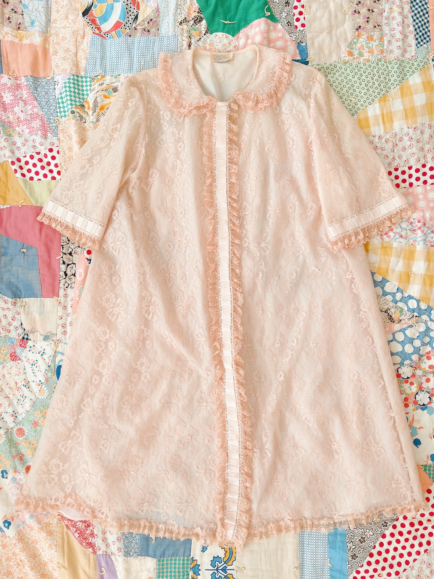 1960s Ribbon Lace Long Night Robe and Slip Dress