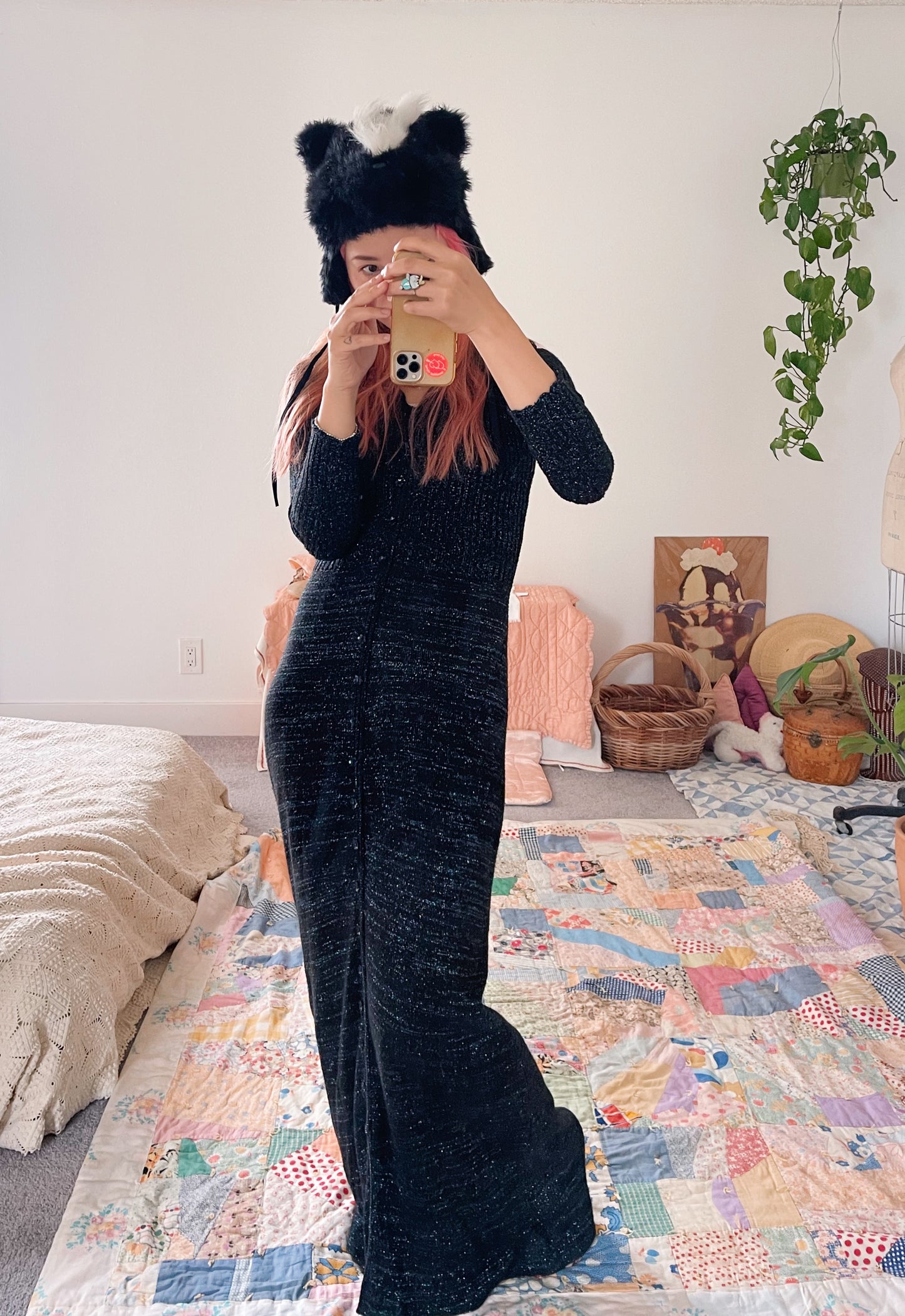 1990s Acrylic Black Lamé Long Dress