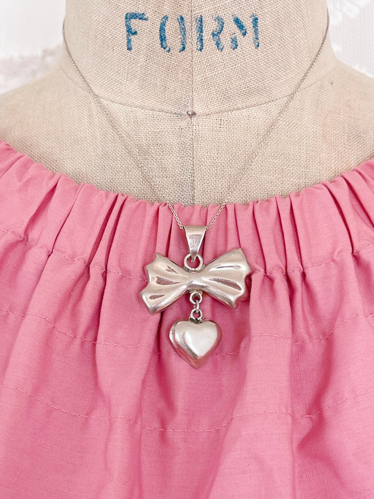 Vintage Ribbon and Heart Silver Necklace
