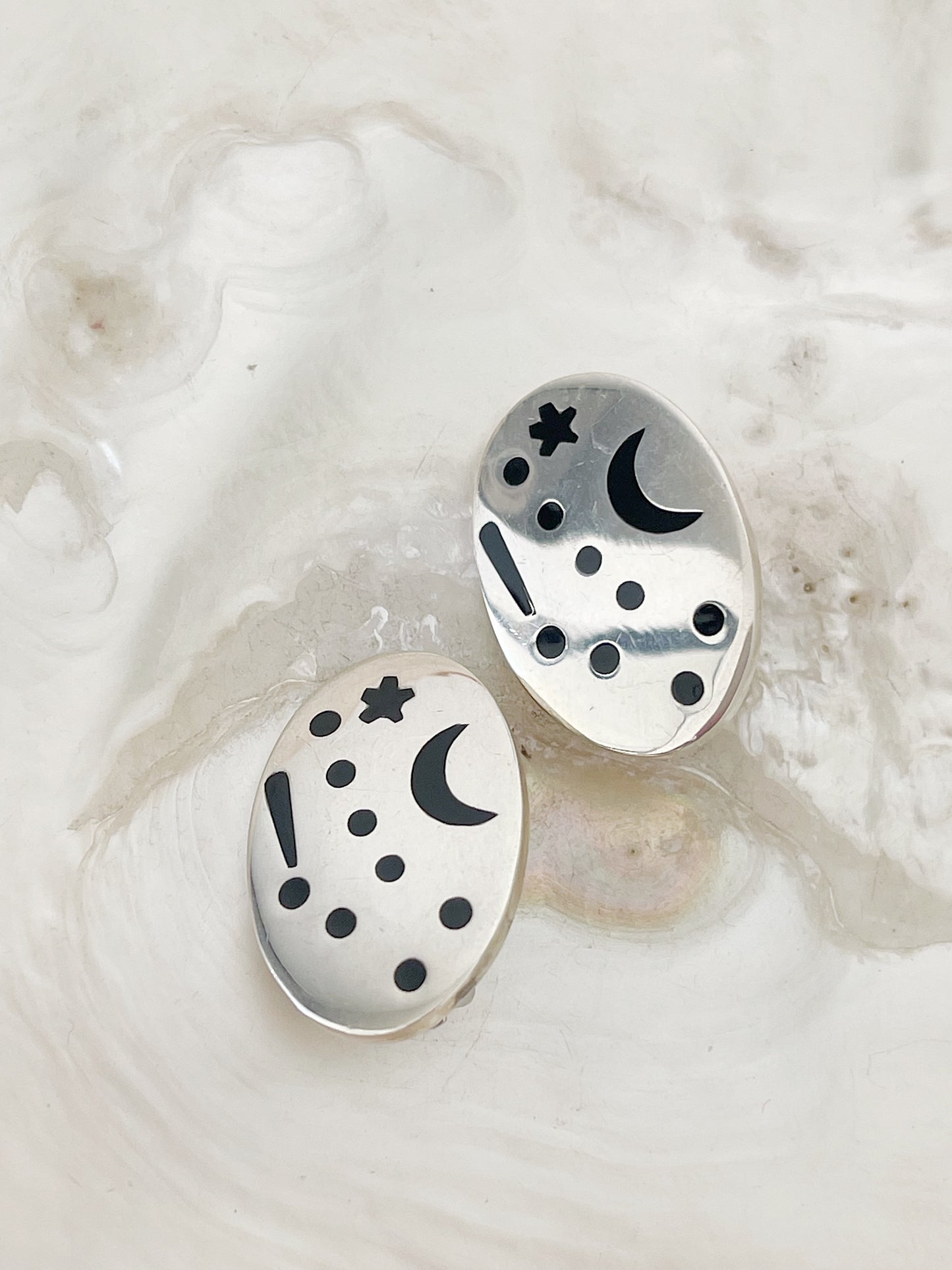 Vintage Silver Oval Moon Star Earrings.