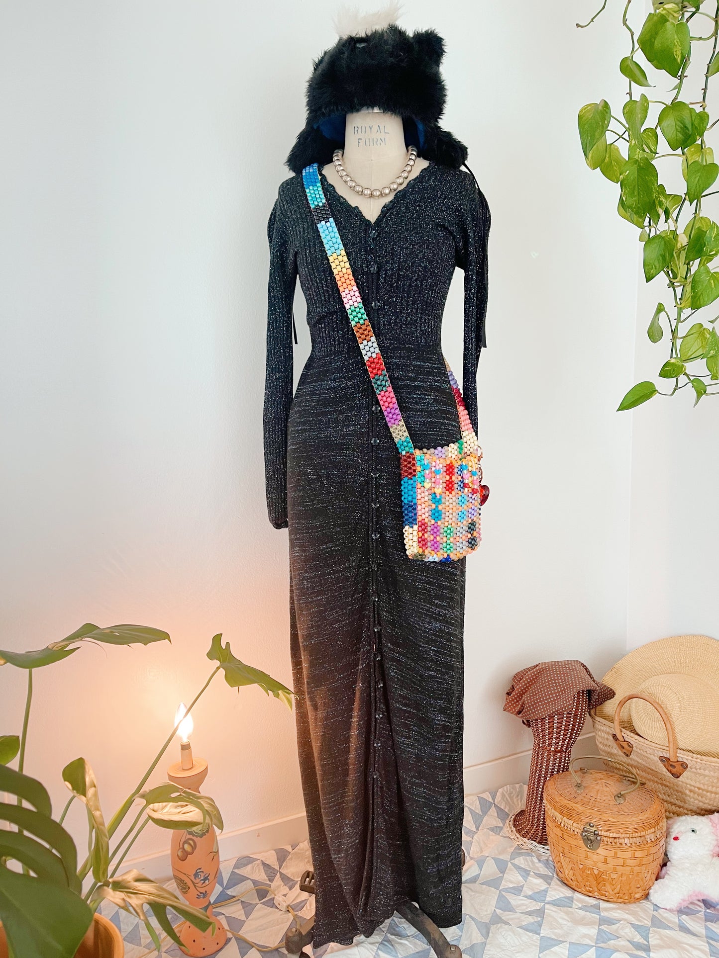 1990s Acrylic Black Lamé Long Dress