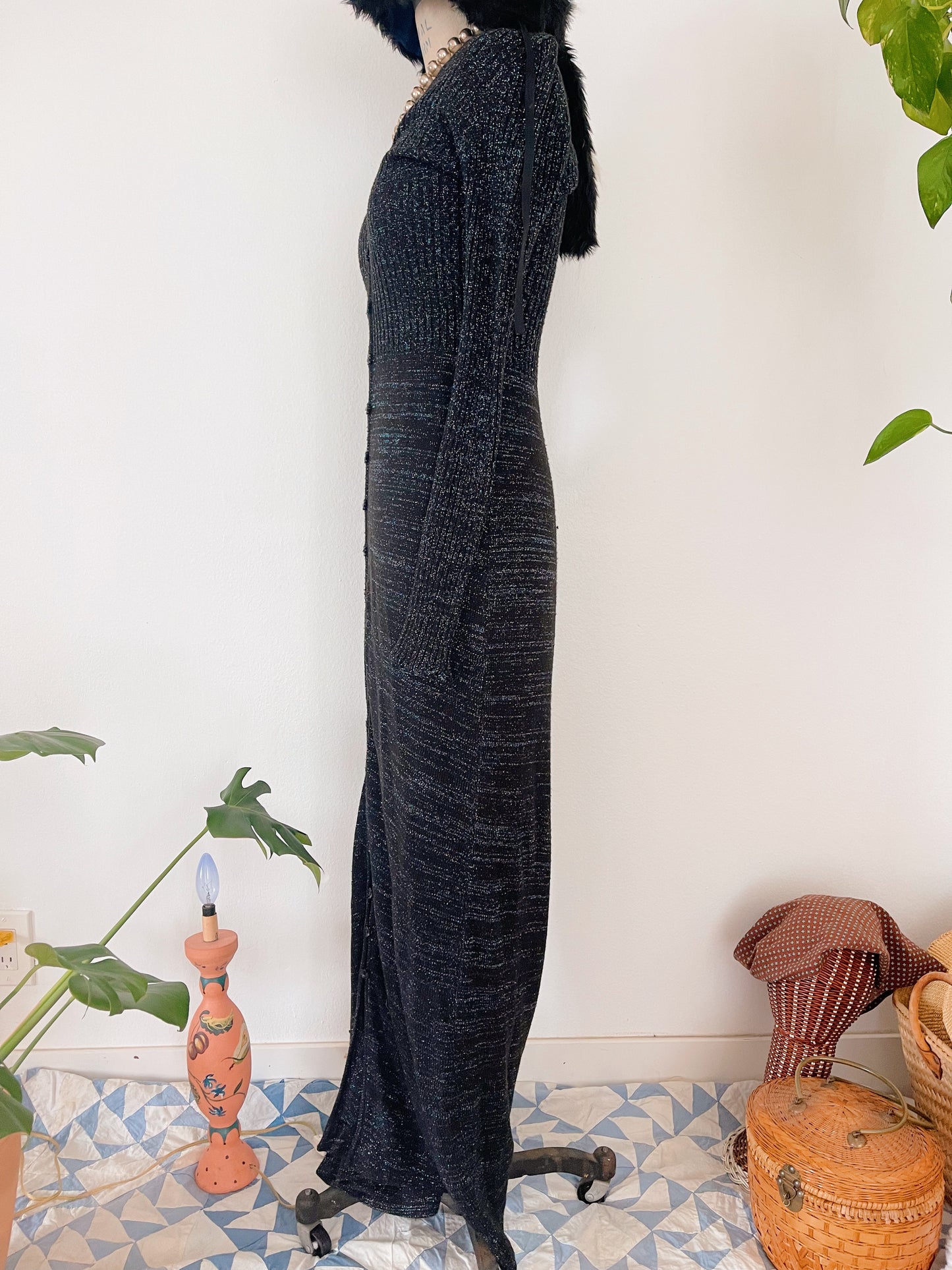 1990s Acrylic Black Lamé Long Dress