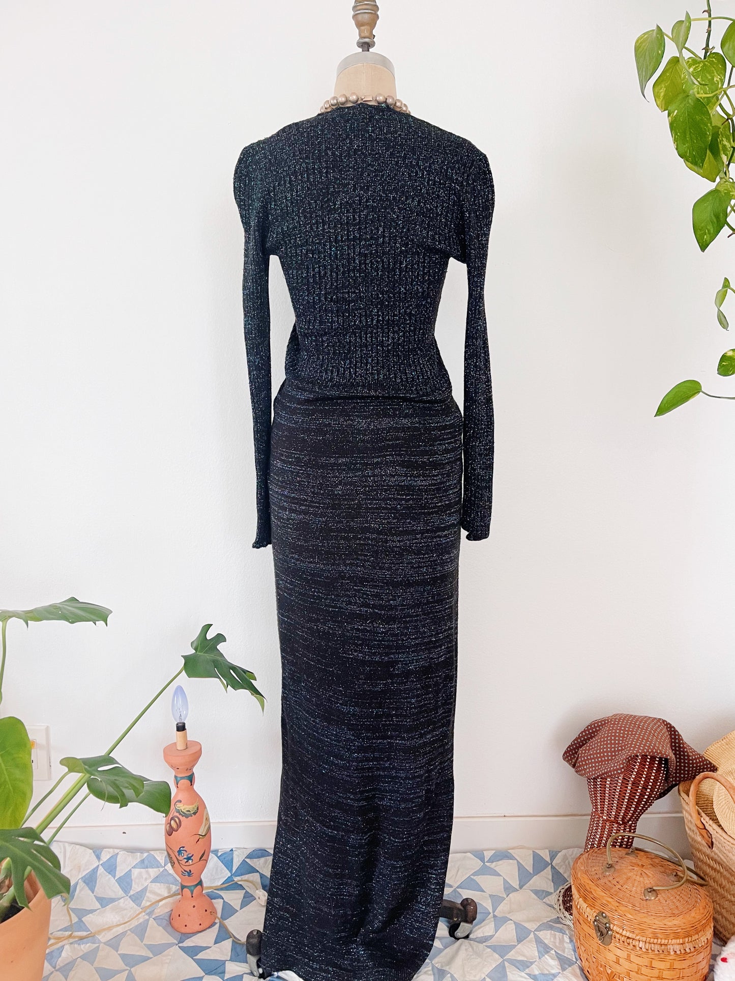 1990s Acrylic Black Lamé Long Dress