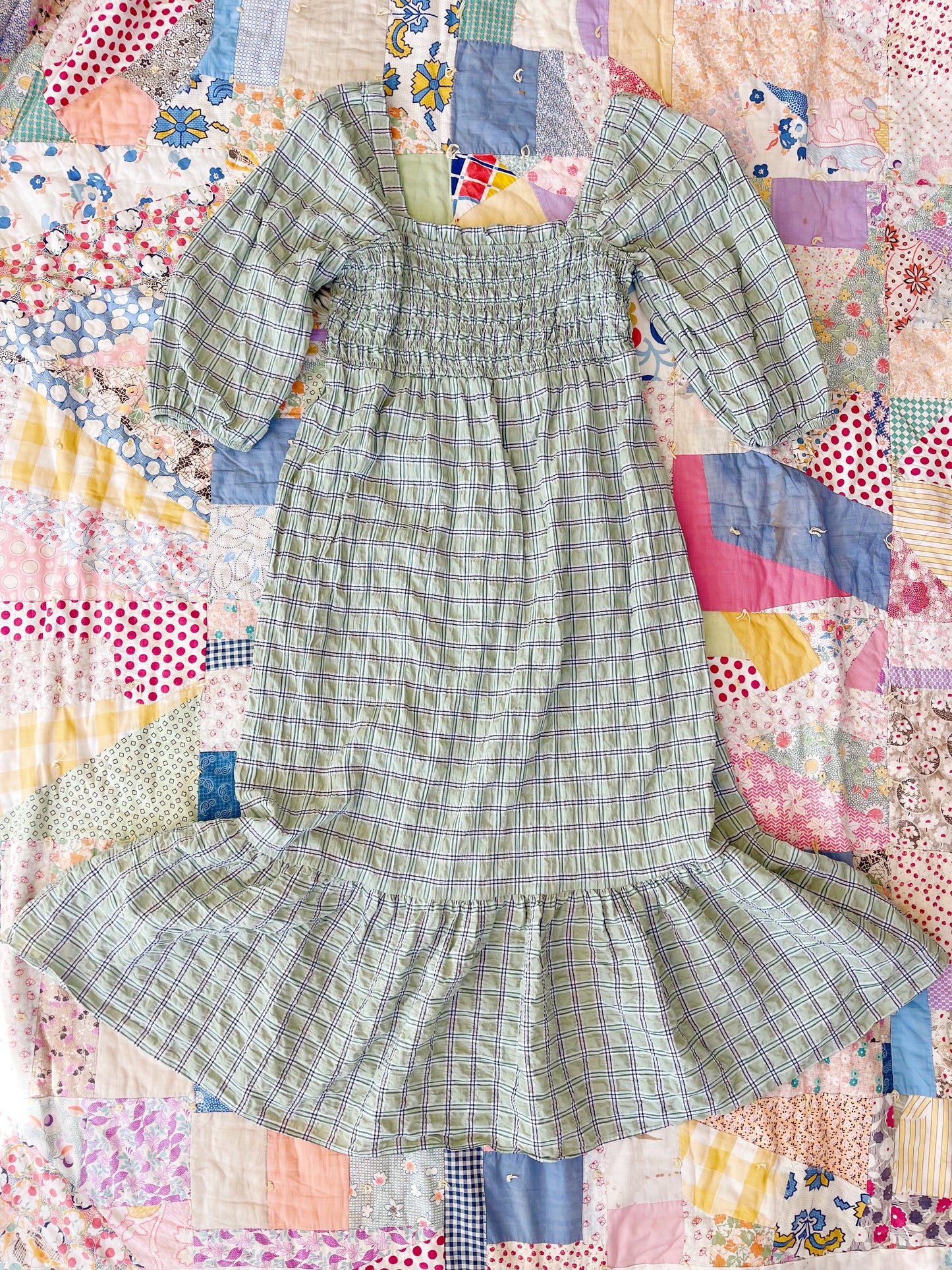 Checked Puff Sleeve Long Dress