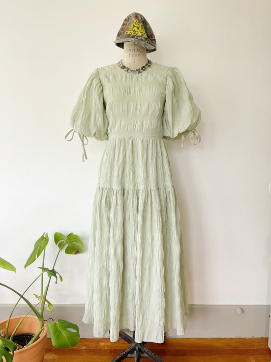 Puff Sleeves Mint Green Long Dress