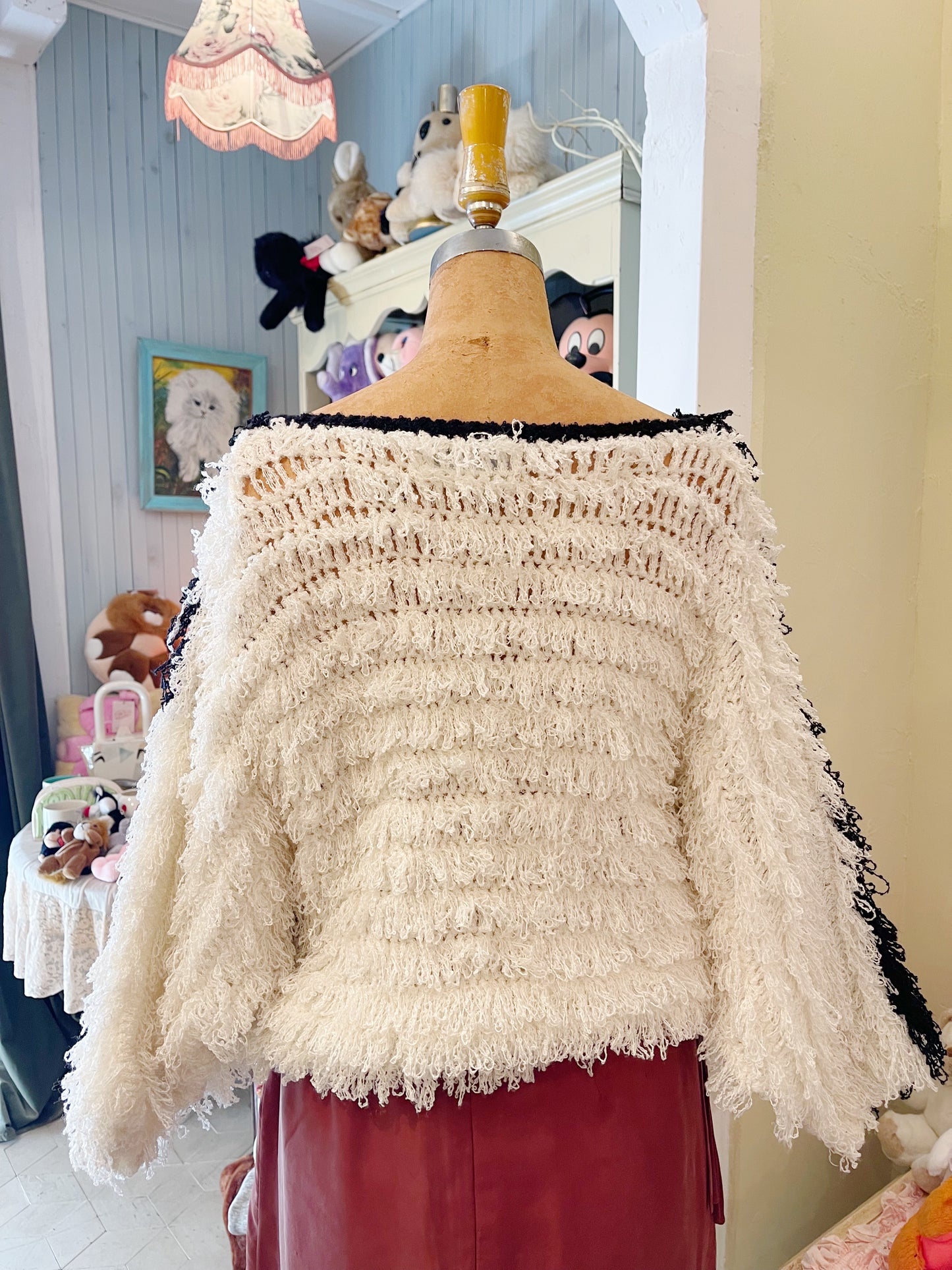 1990s Black and White Shaggy Knit Sweater