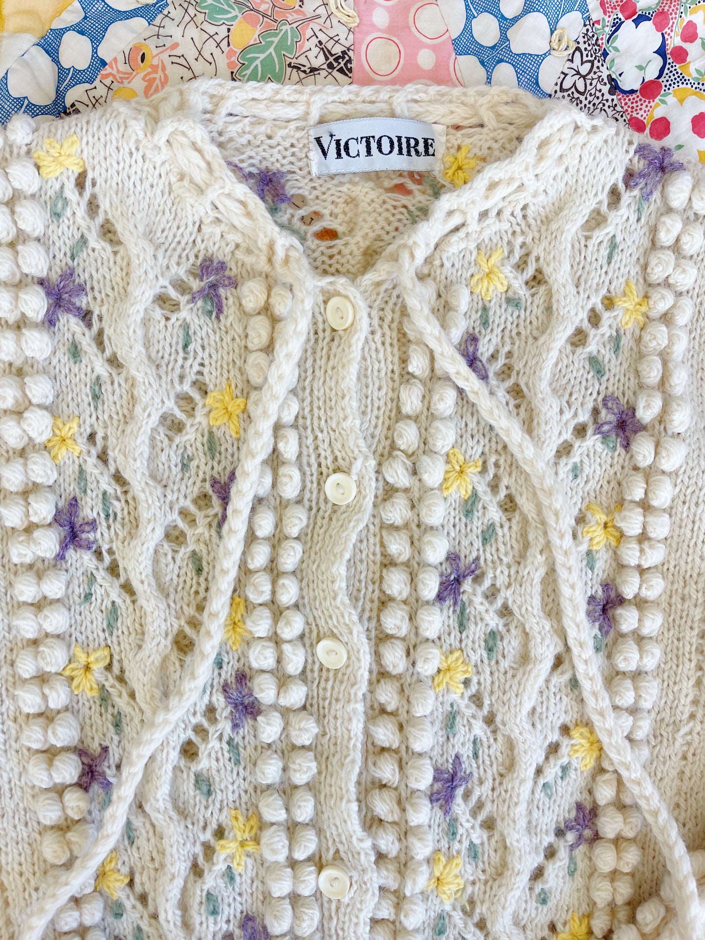 1970s Pom Pom Flower Knit Cardigan