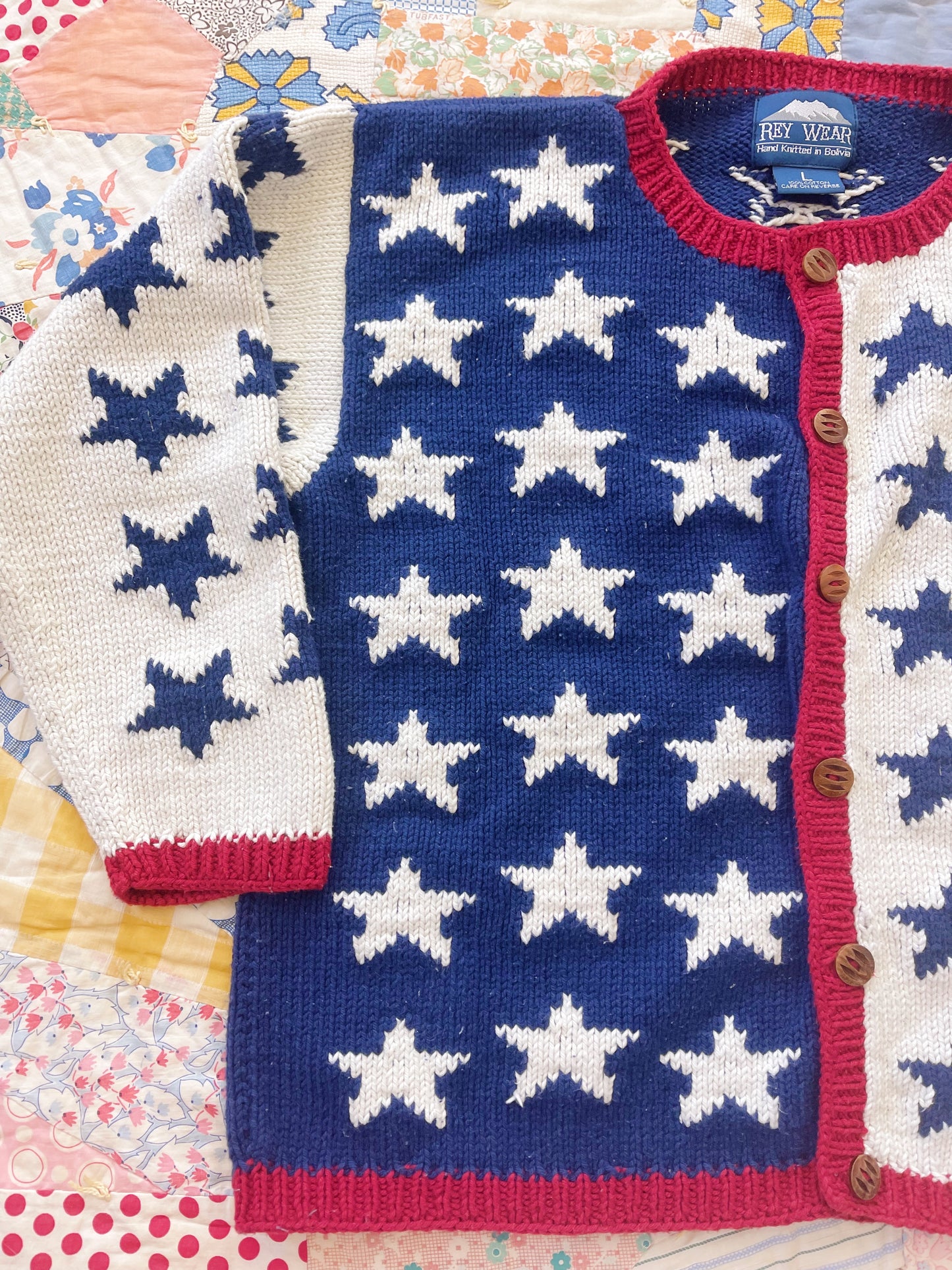 1990s U.S.A.Stars Cotton Hand Knitted Cardigan