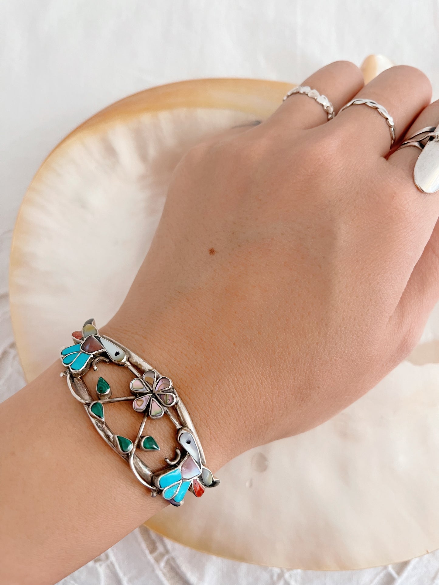 Vintage Zuni Humming Bird with Flower Cuff Bangle.