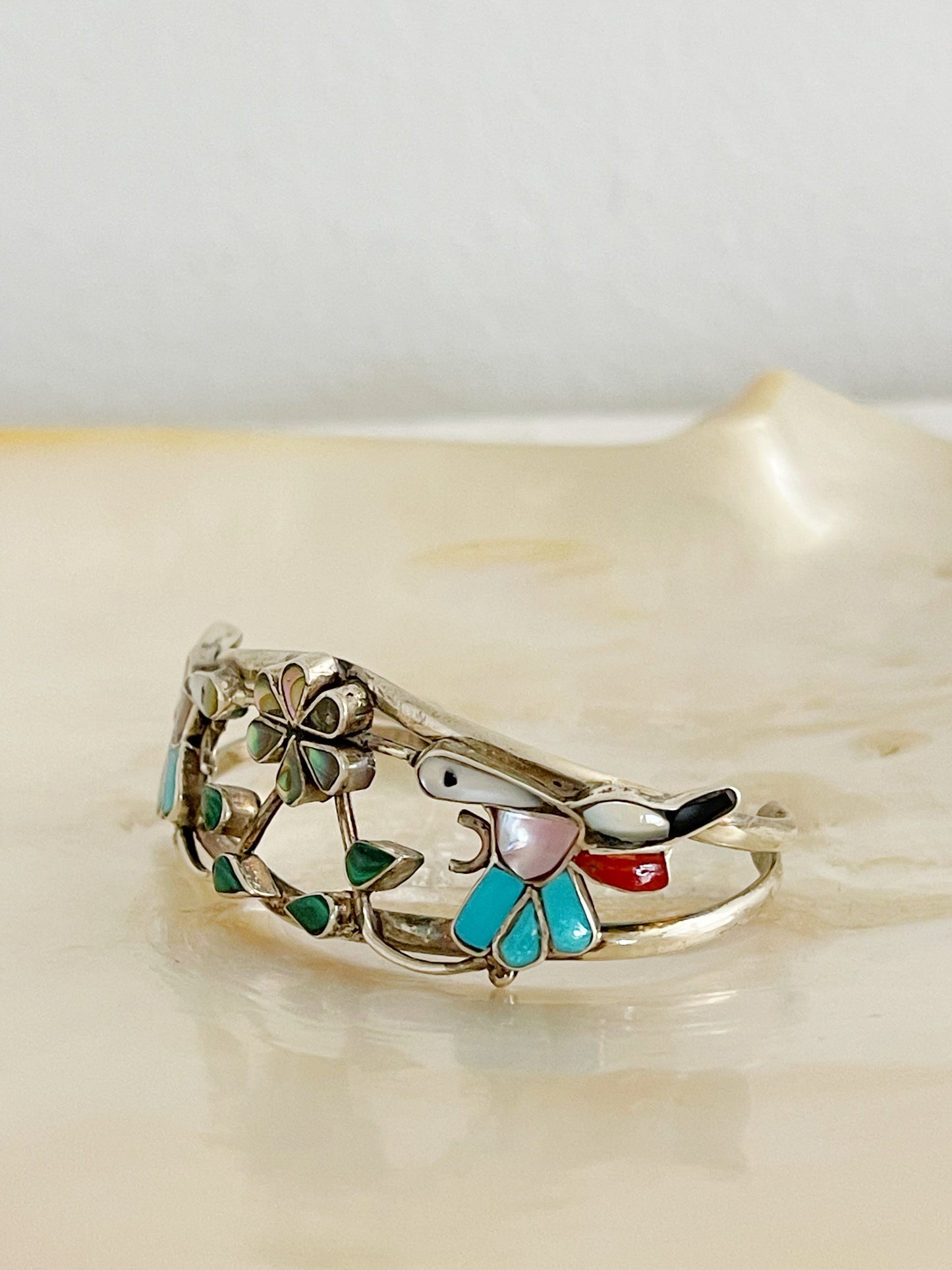 Vintage Zuni Humming Bird with Flower Cuff Bangle.