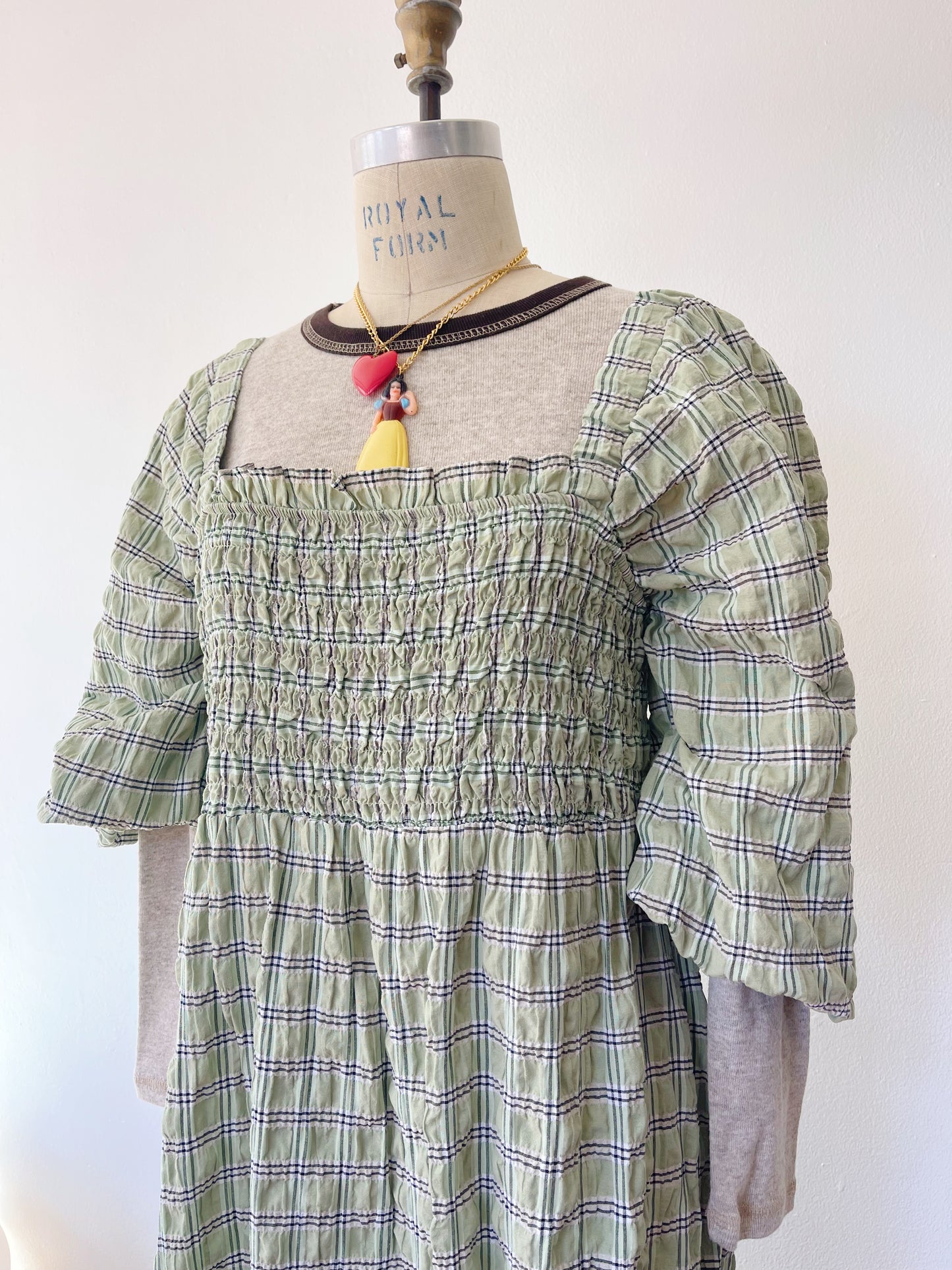 Checked Puff Sleeve Long Dress