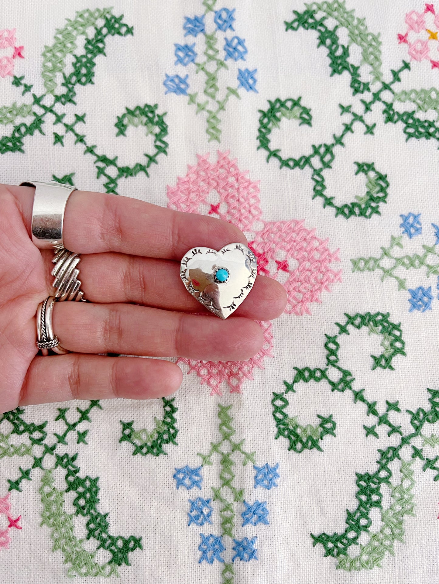 Navajo Heart Turquoise Silver Brooch.