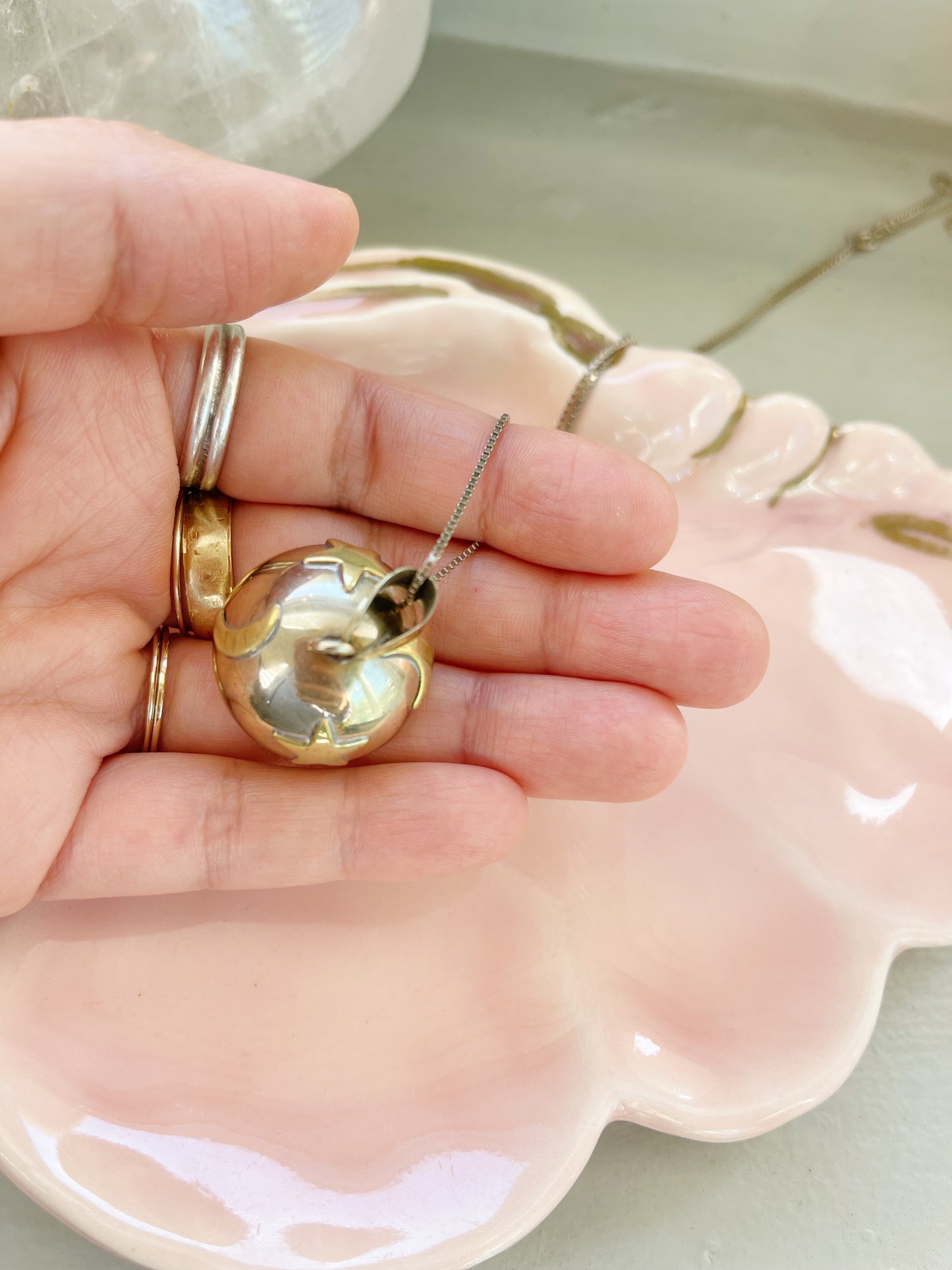 Vintage Moon and Star Melody Ball Silver Necklace