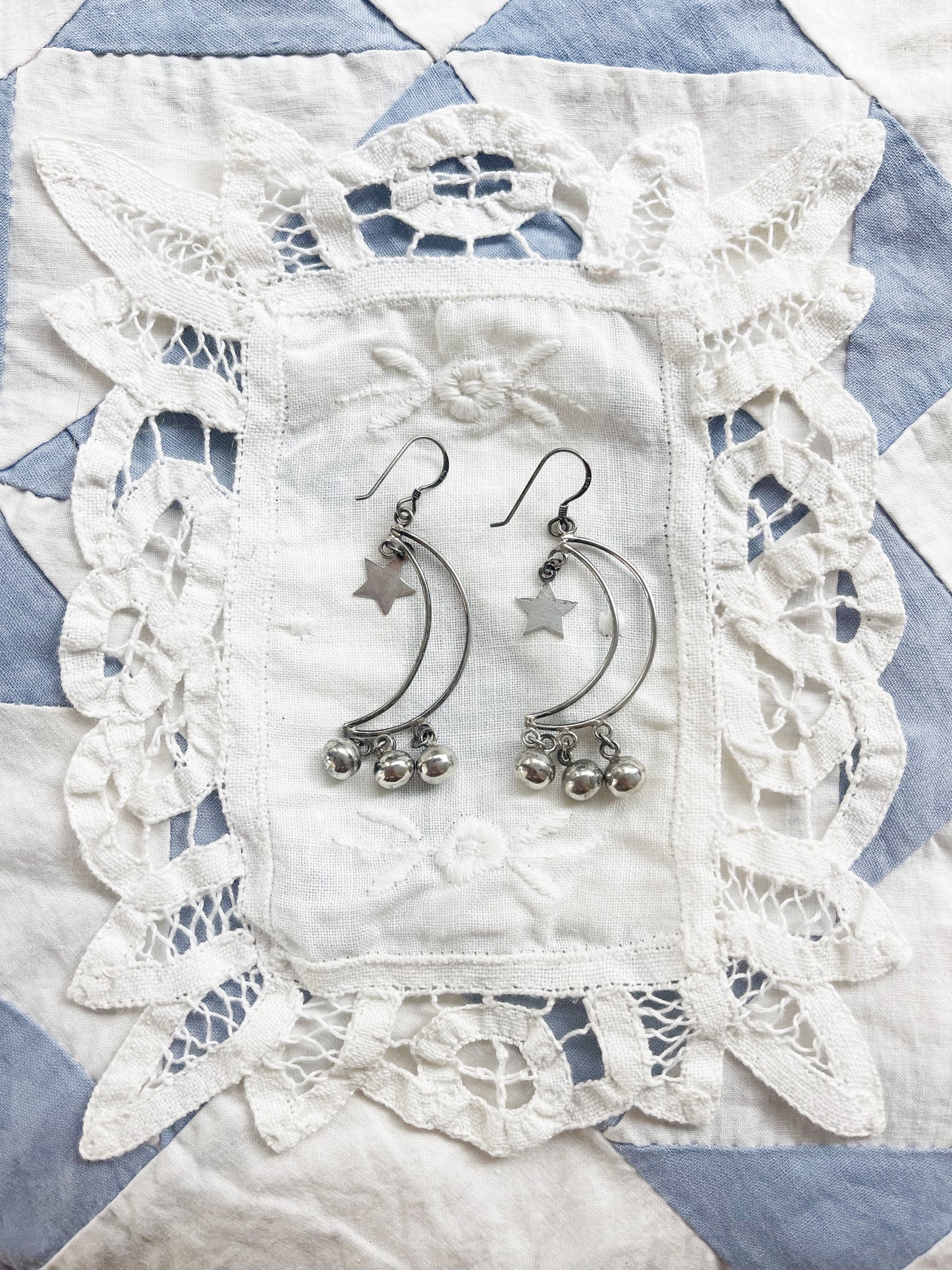 Vintage Crescent Moon with Stars Silver 925 Pierce