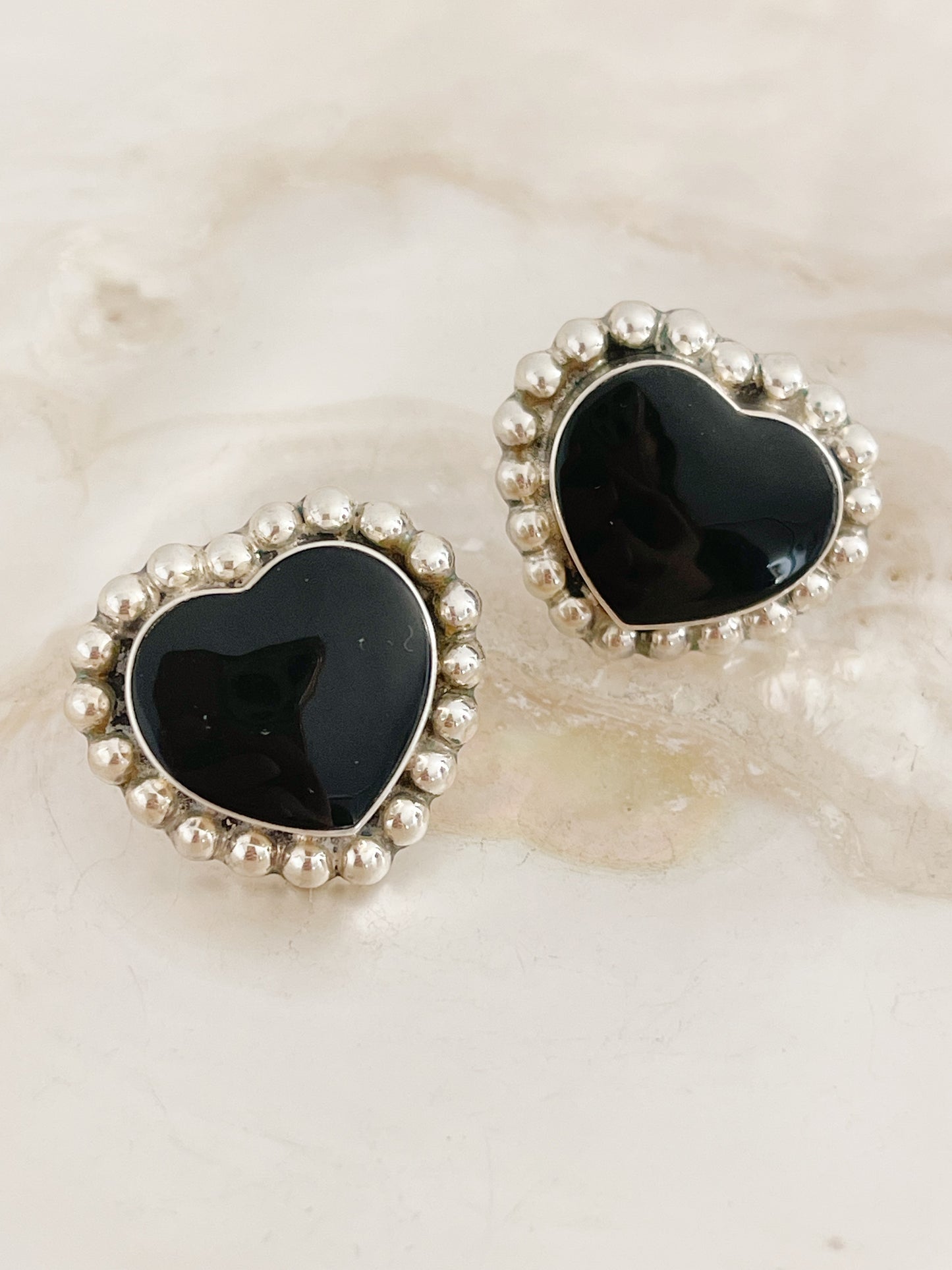 Vintage Tiny Onyx Heart Silver Pierce.