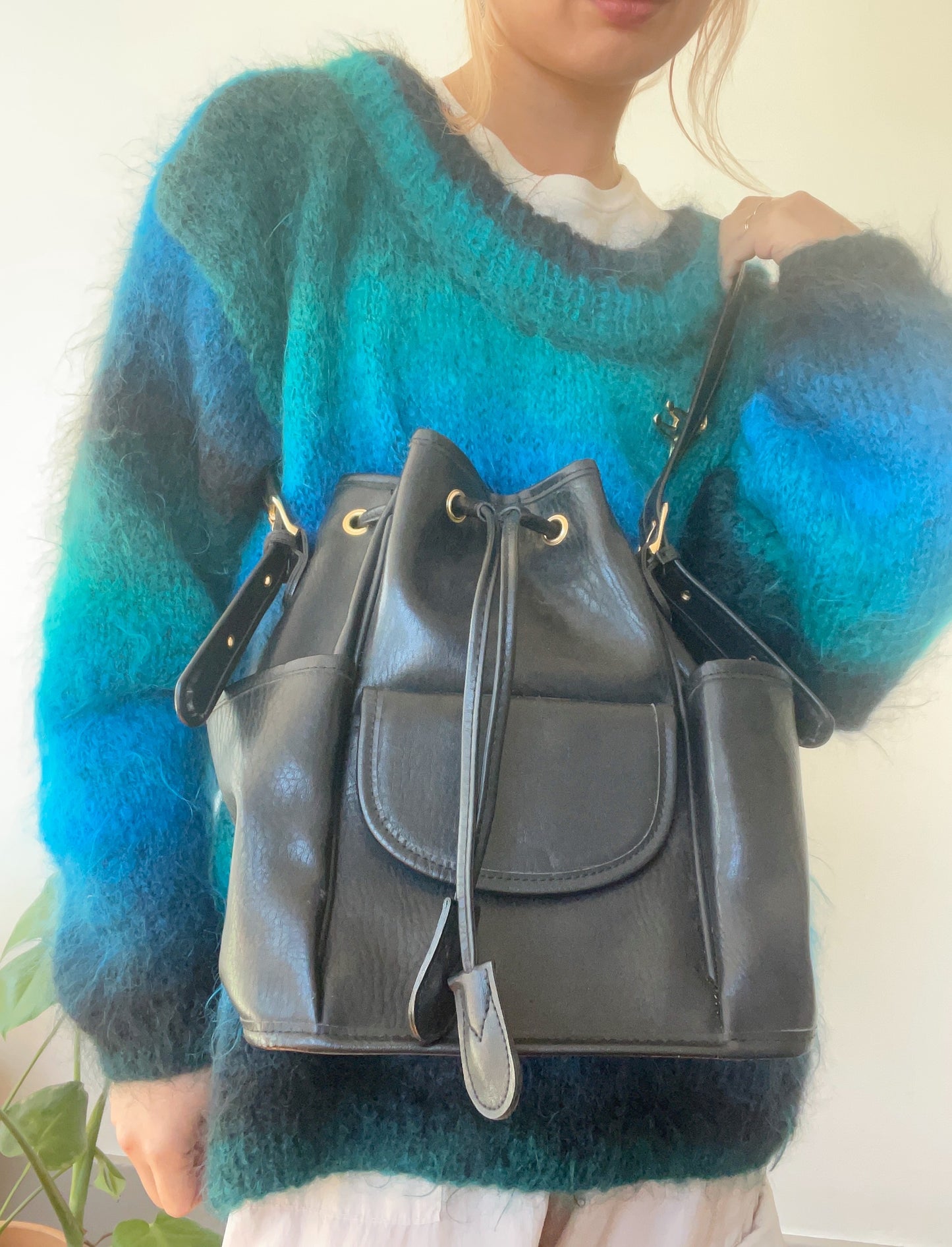 Black Leather Bucket Shoulder Bag