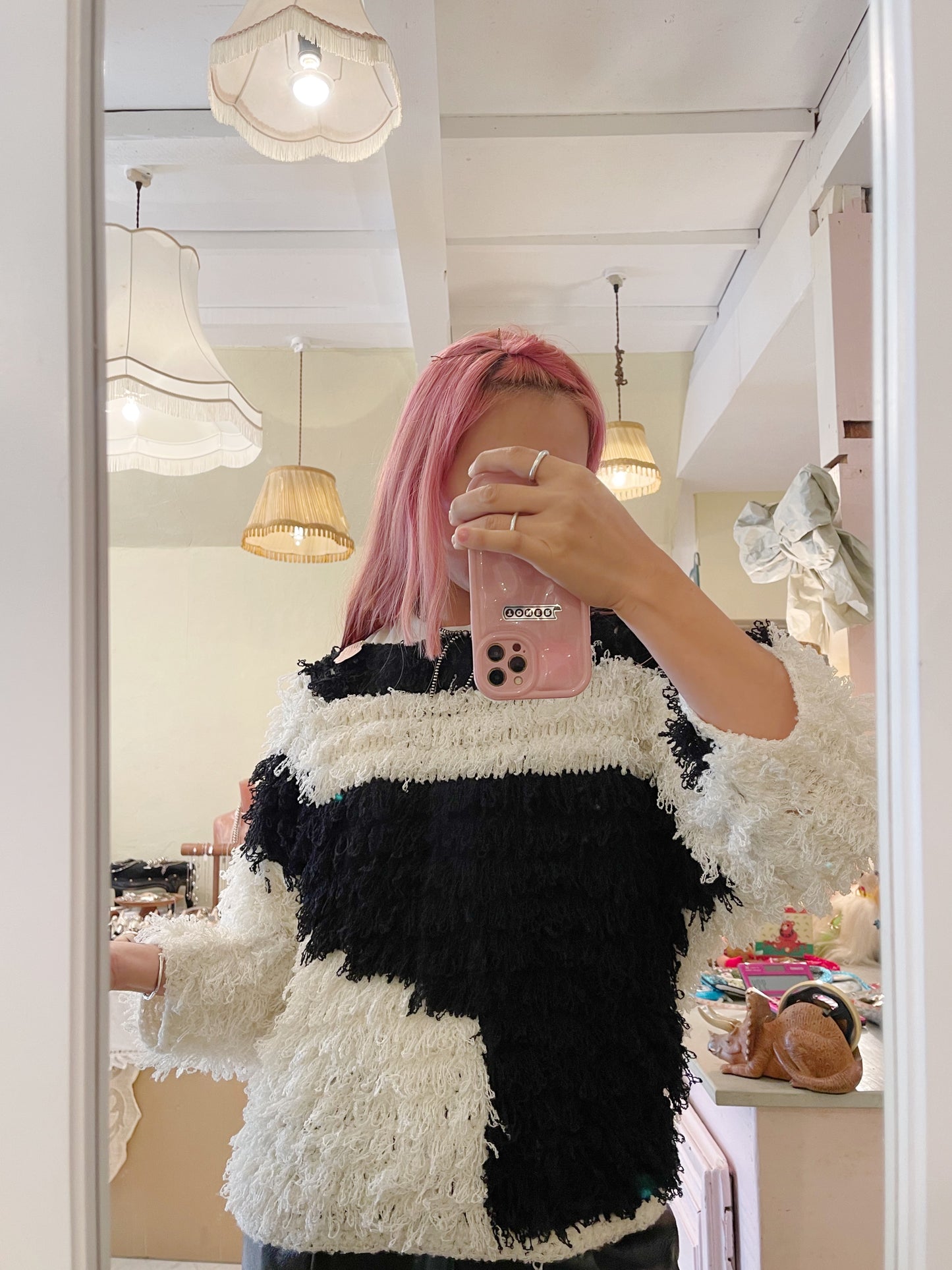 1990s Black and White Shaggy Knit Sweater