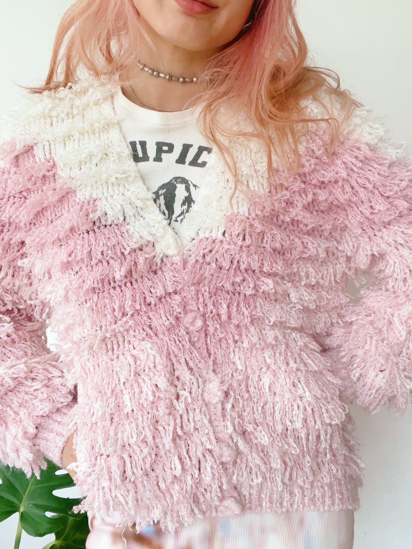 1990s Pink and White Shaggy Shaggy Cardigan