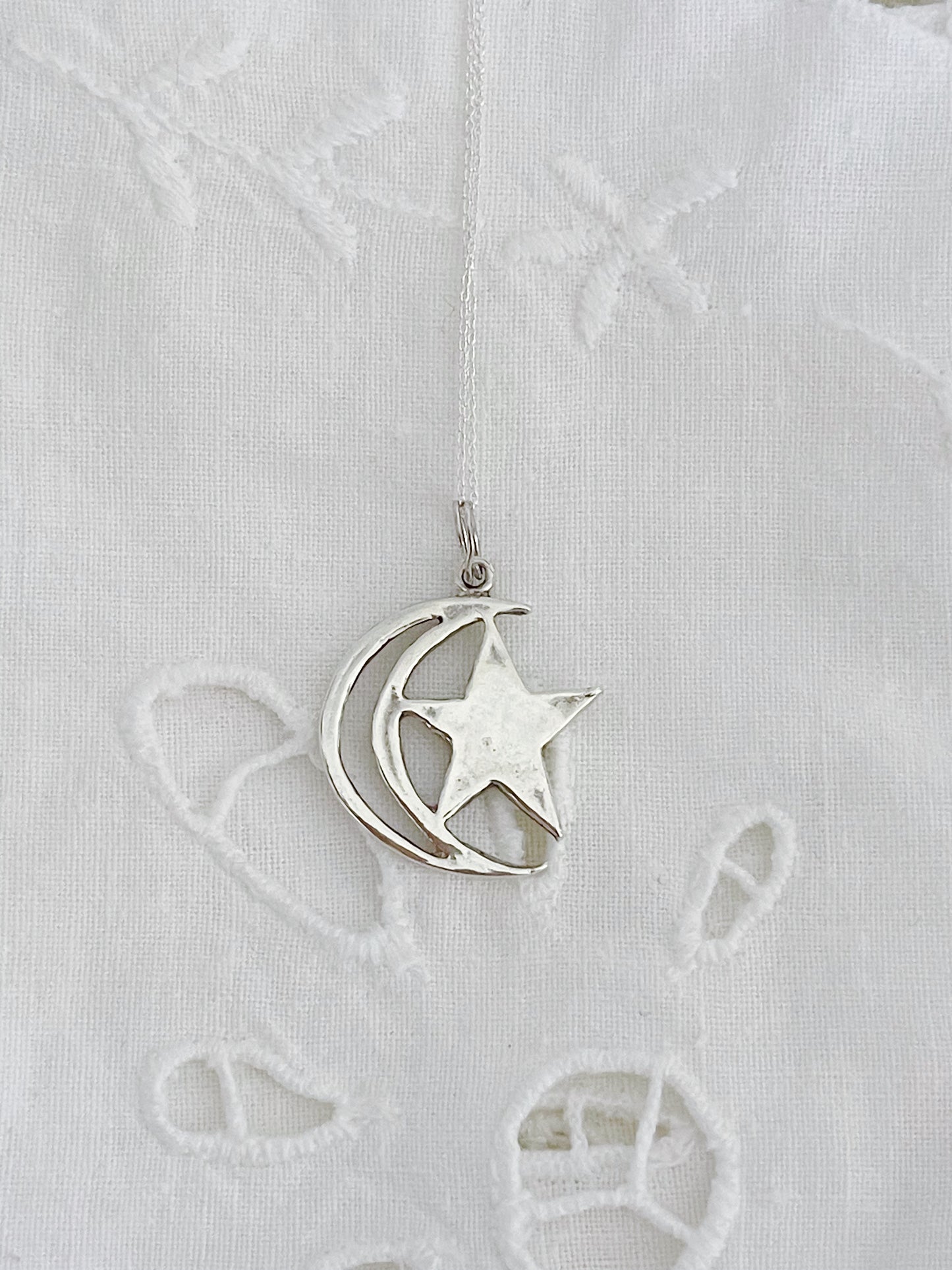 Vintage Moon Star Silver Necklace.