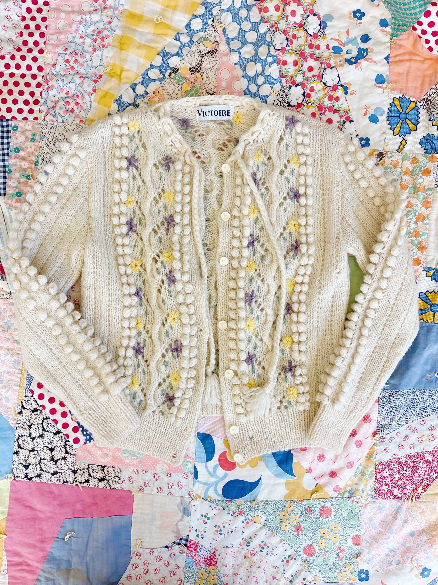 1970s Pom Pom Flower Knit Cardigan