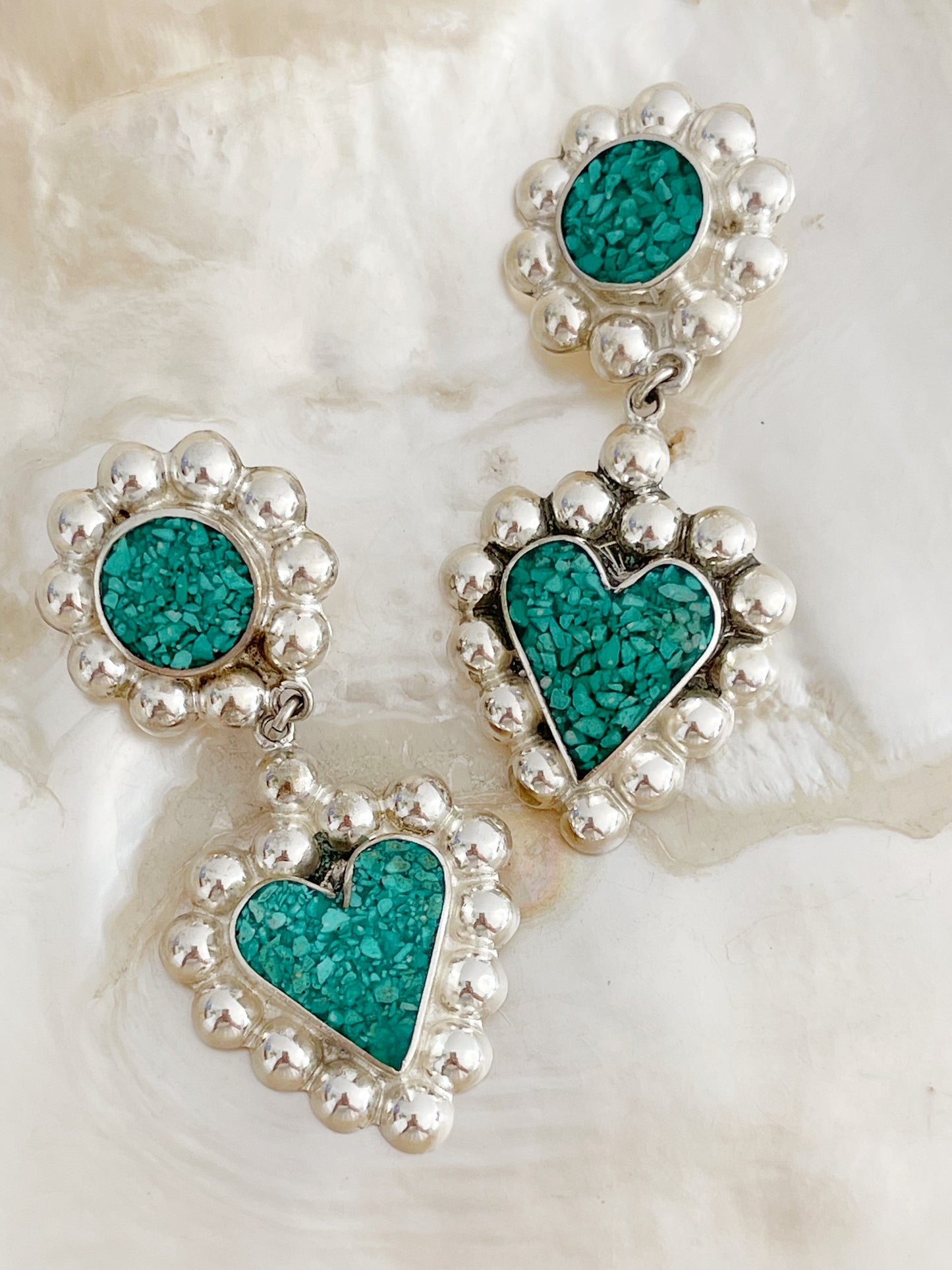 Vintage Crushed Turquoise Heart Earrings.