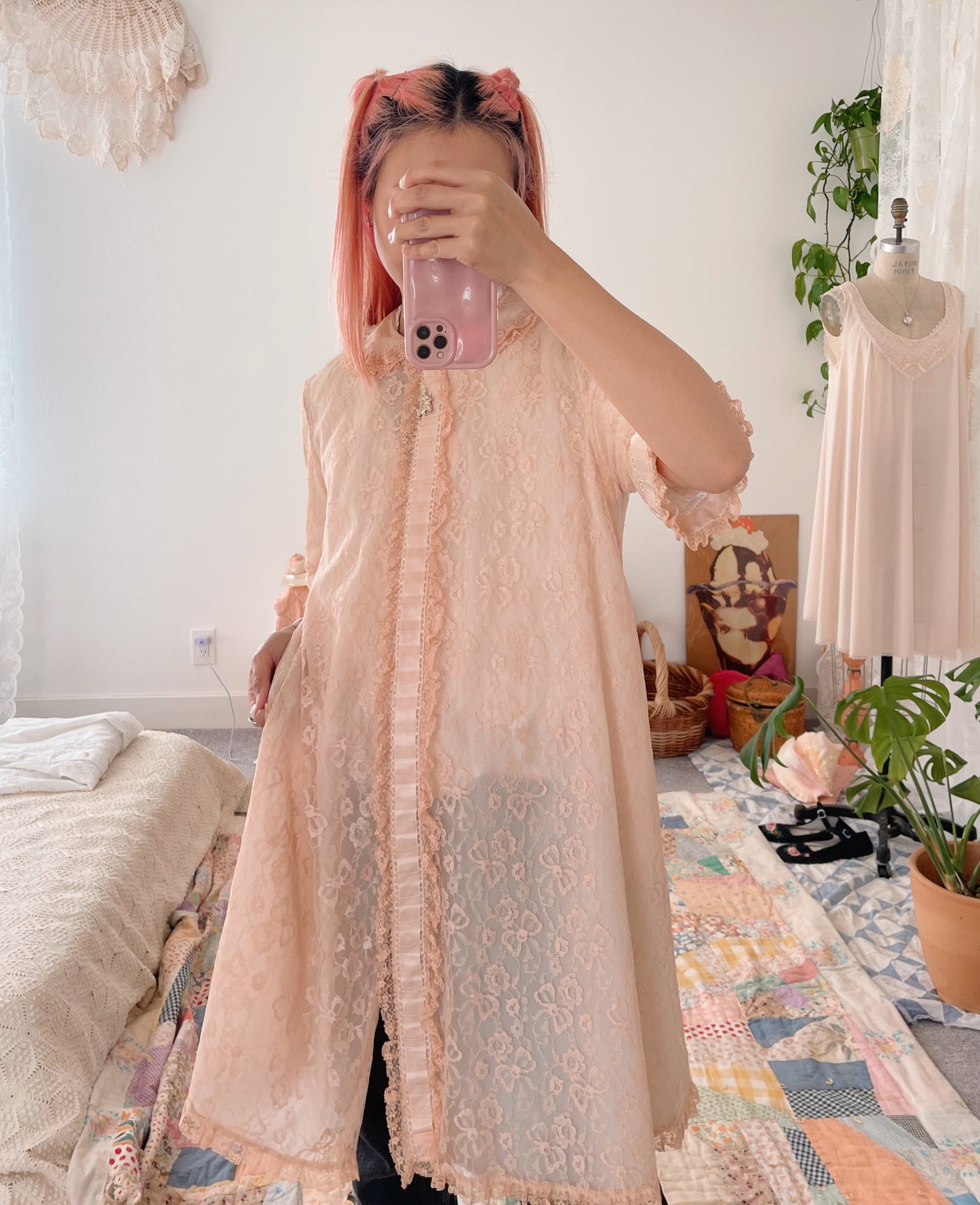 1960s Ribbon Lace Long Night Robe and Slip Dress
