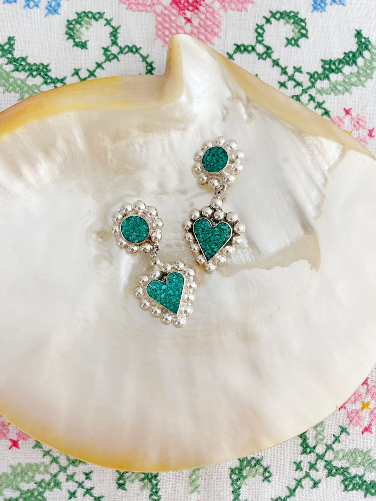 Vintage Crushed Turquoise Heart Earrings.