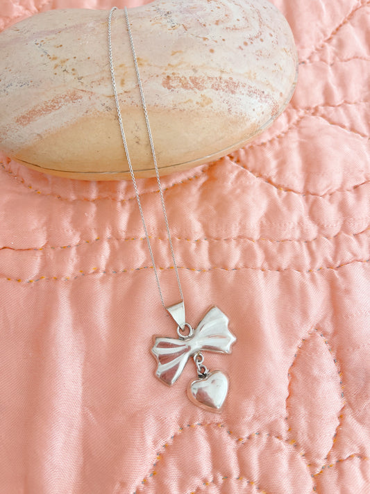 Vintage Ribbon and Heart Silver Necklace
