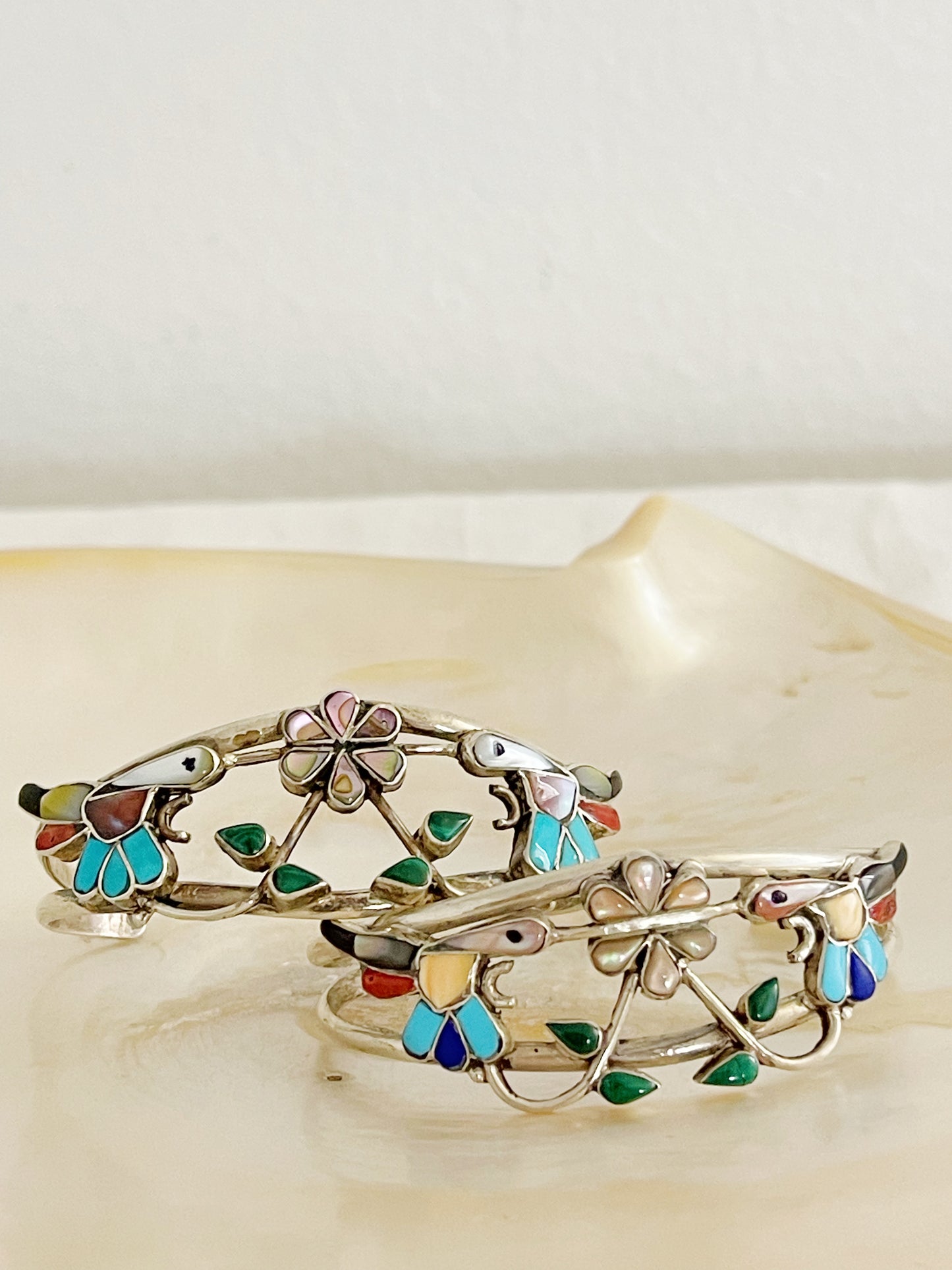 Vintage Zuni Humming Bird with Flower Cuff Bangle.