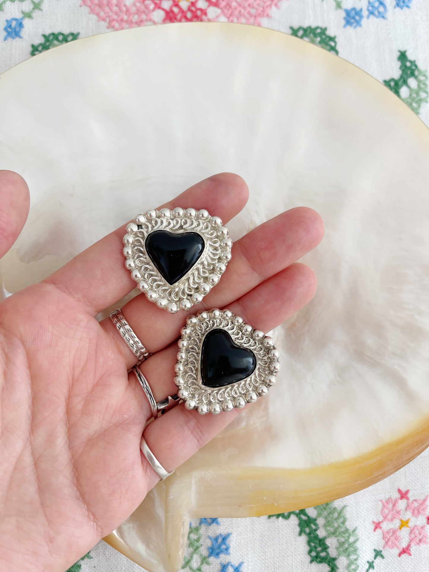 Vintage Onyx Heart Earrings.